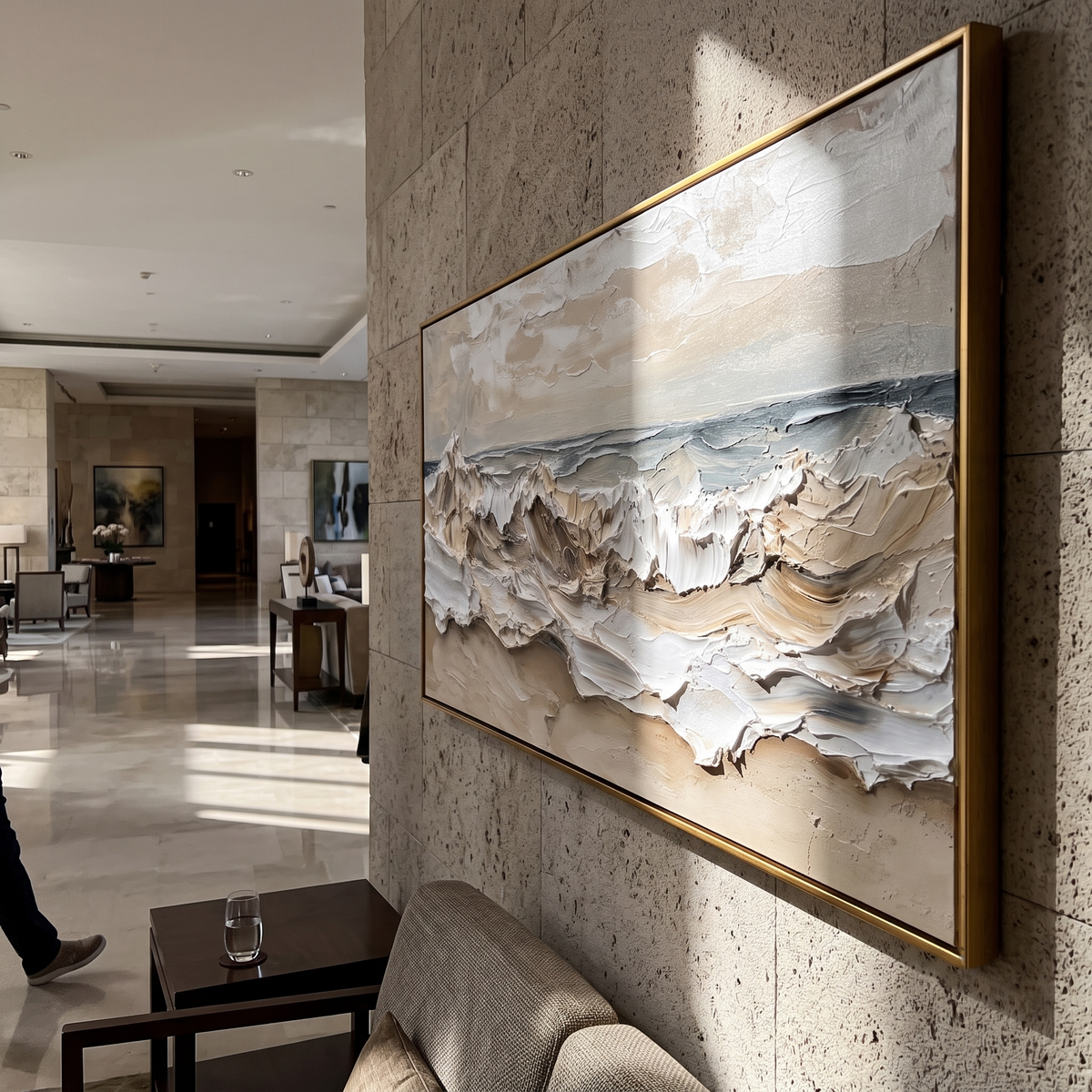 "Tide Relief" - 3D Wabi-Sabi Ocean Wave Plaster Art | Beige White & Blue Textured Seascape