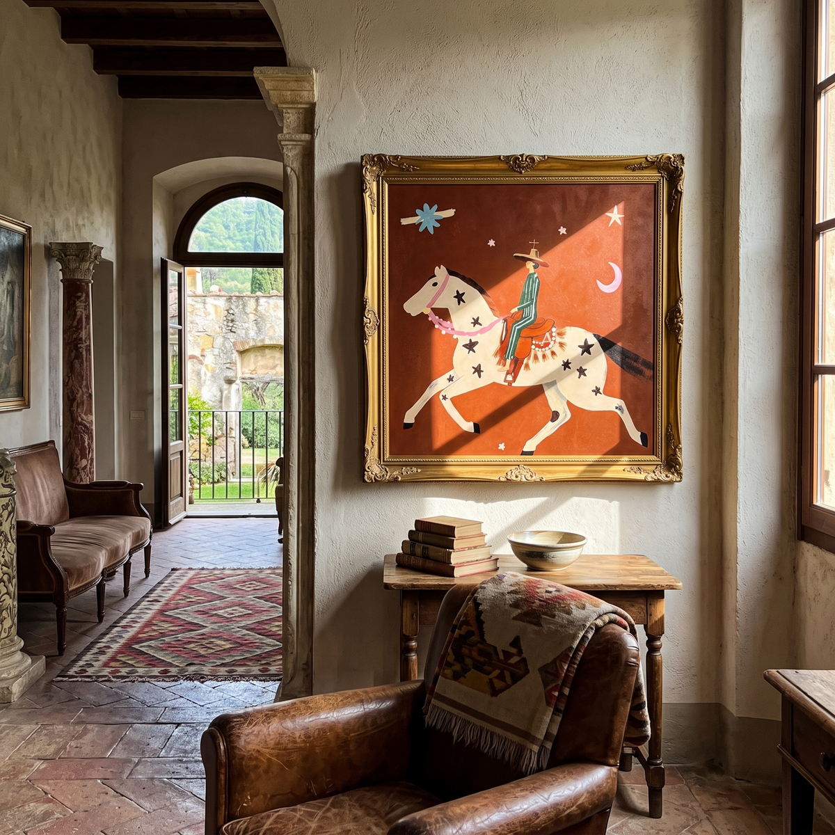 "Moonlit Rider" - Whimsical Horse & Cowboy Painting | Rust Red Western Animal Wall Art