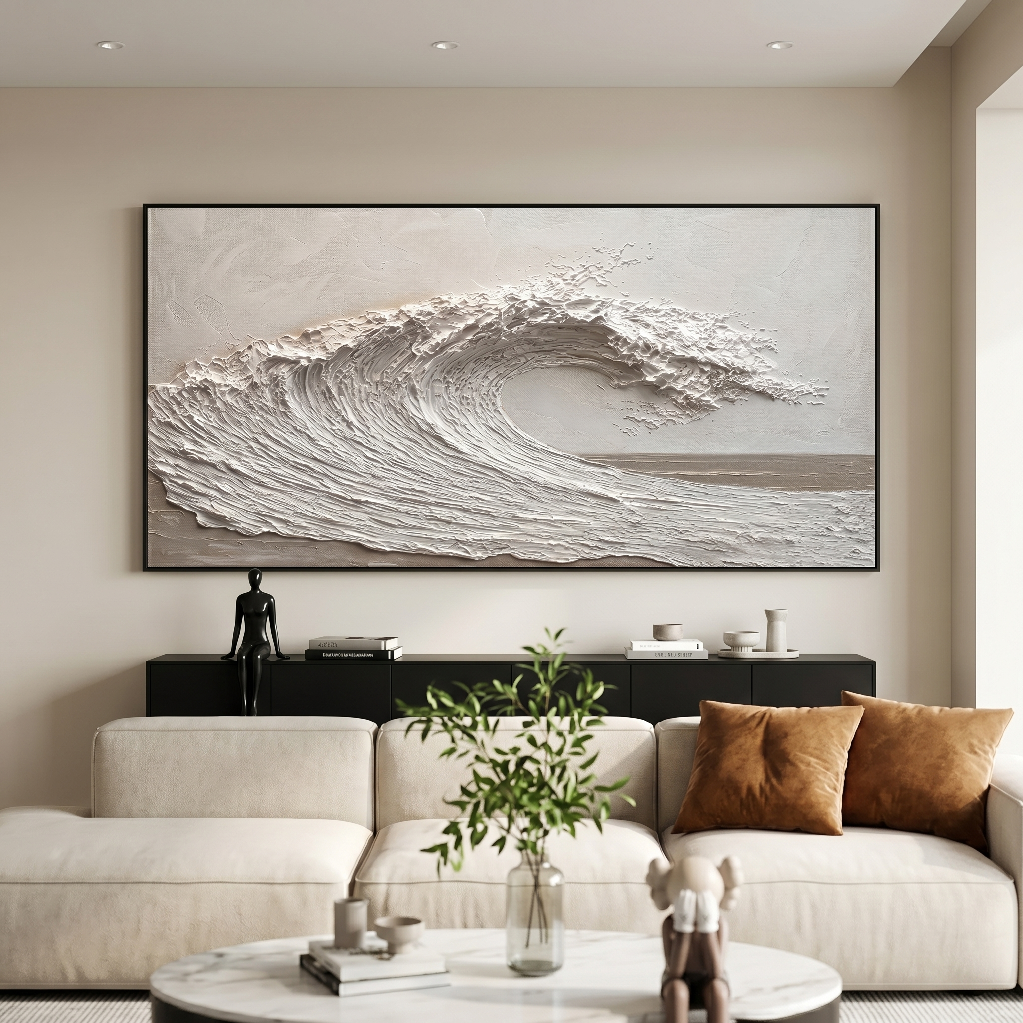 "Silent Surge" – Minimalist 3D Sculptural Wave Impasto Canvas Art | Zen Living Room Decor