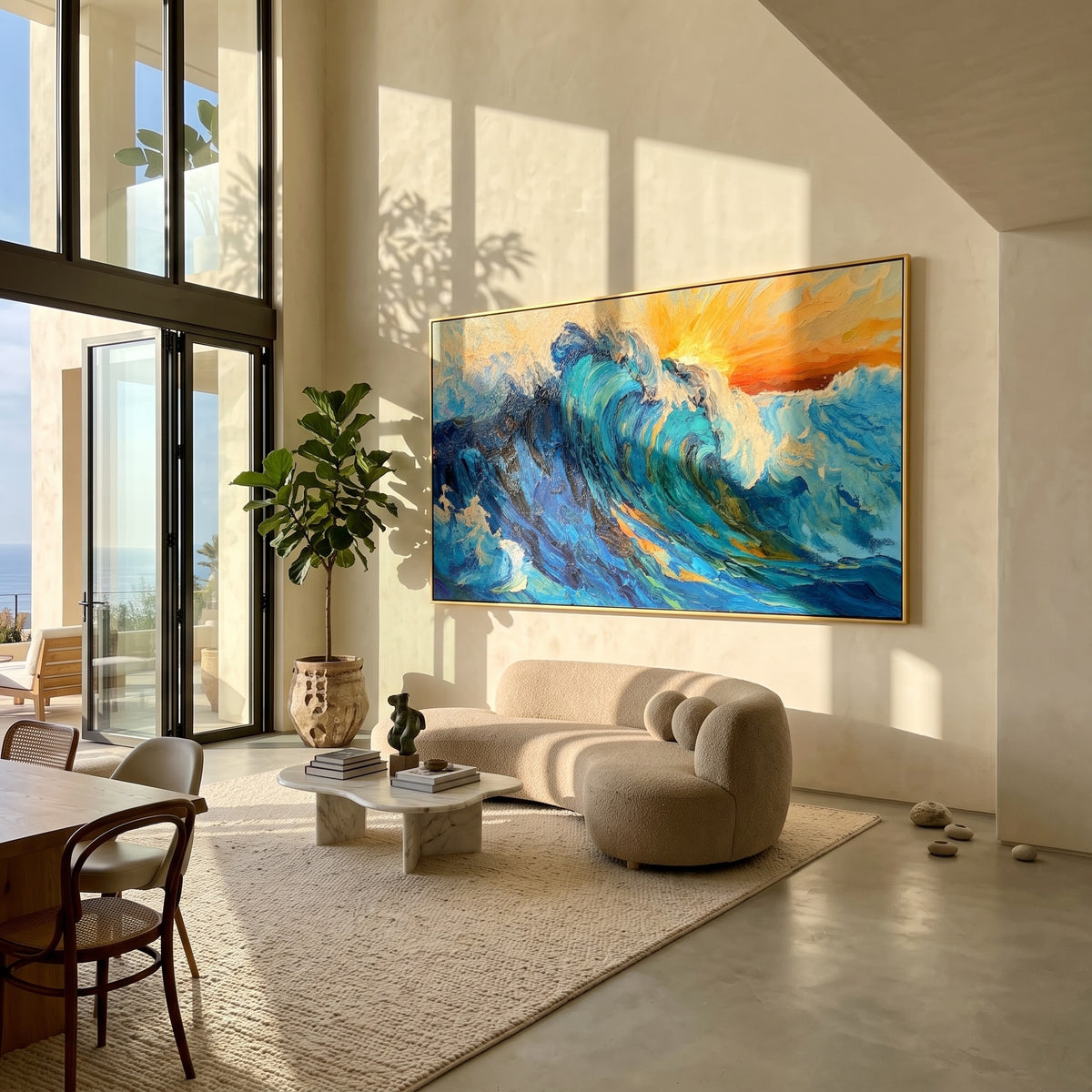 "Breakwater" - Blue Ocean Wave Impasto Painting | Blue Green White Horizontal Ocean Wall Art