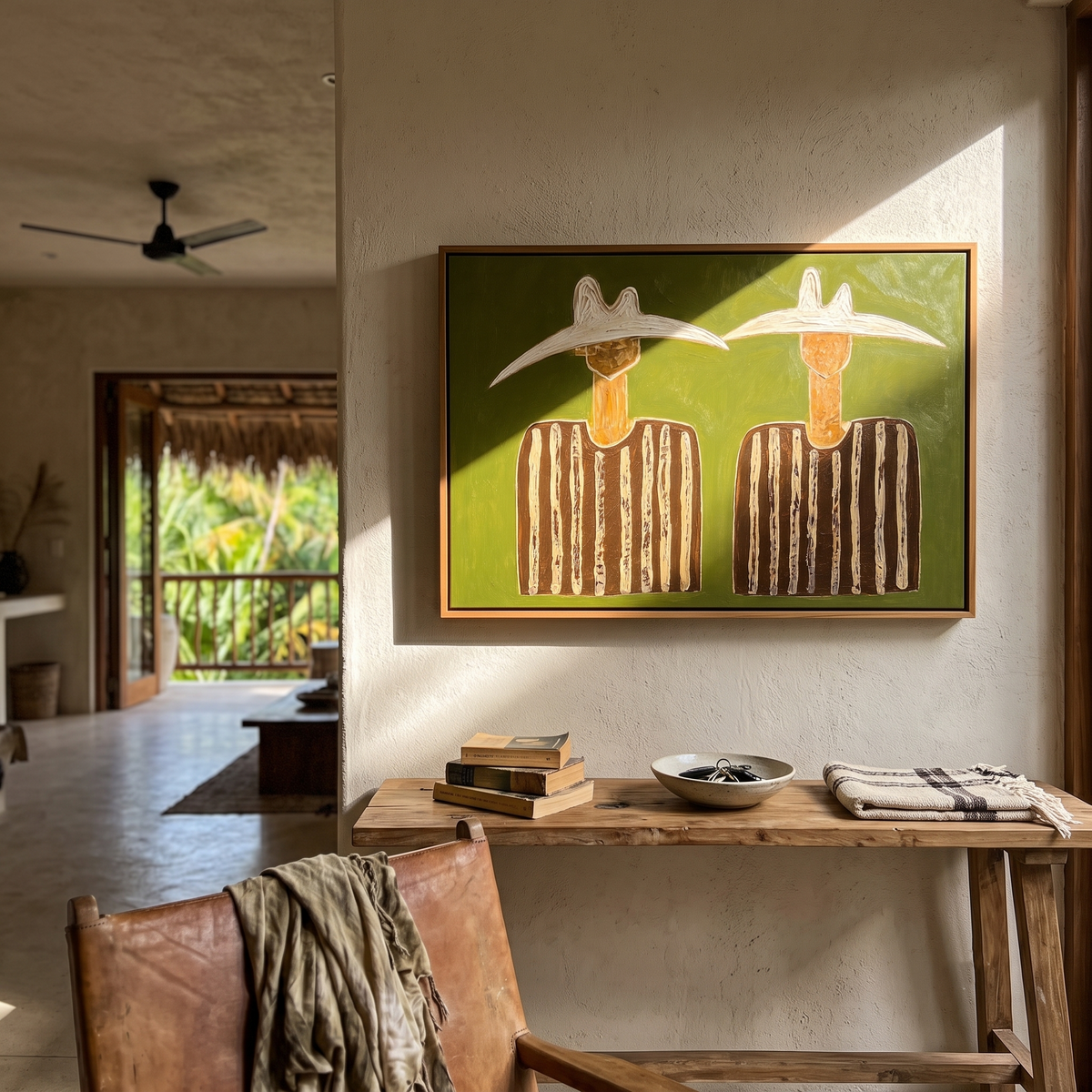"Twin Quiet Riders" - Minimalist Western Figure Painting | Olive Green Contemporary Wall Art