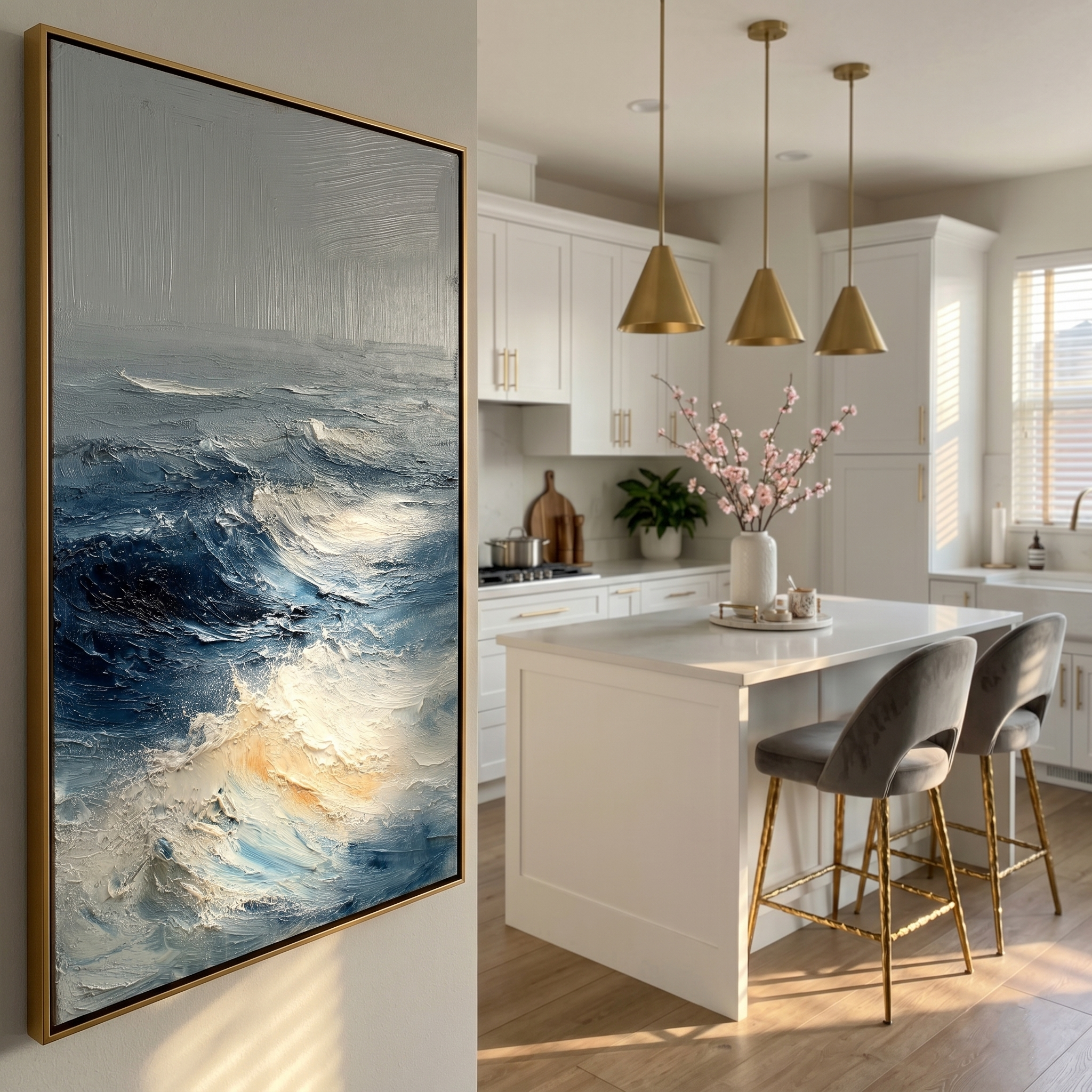 "Tempestuous Ocean Swell" – Modern Heavy Impasto Seascape | 3D Blue & Foamy White Palette Knife Painting | Luxury Vertical Wall Art#PT 002