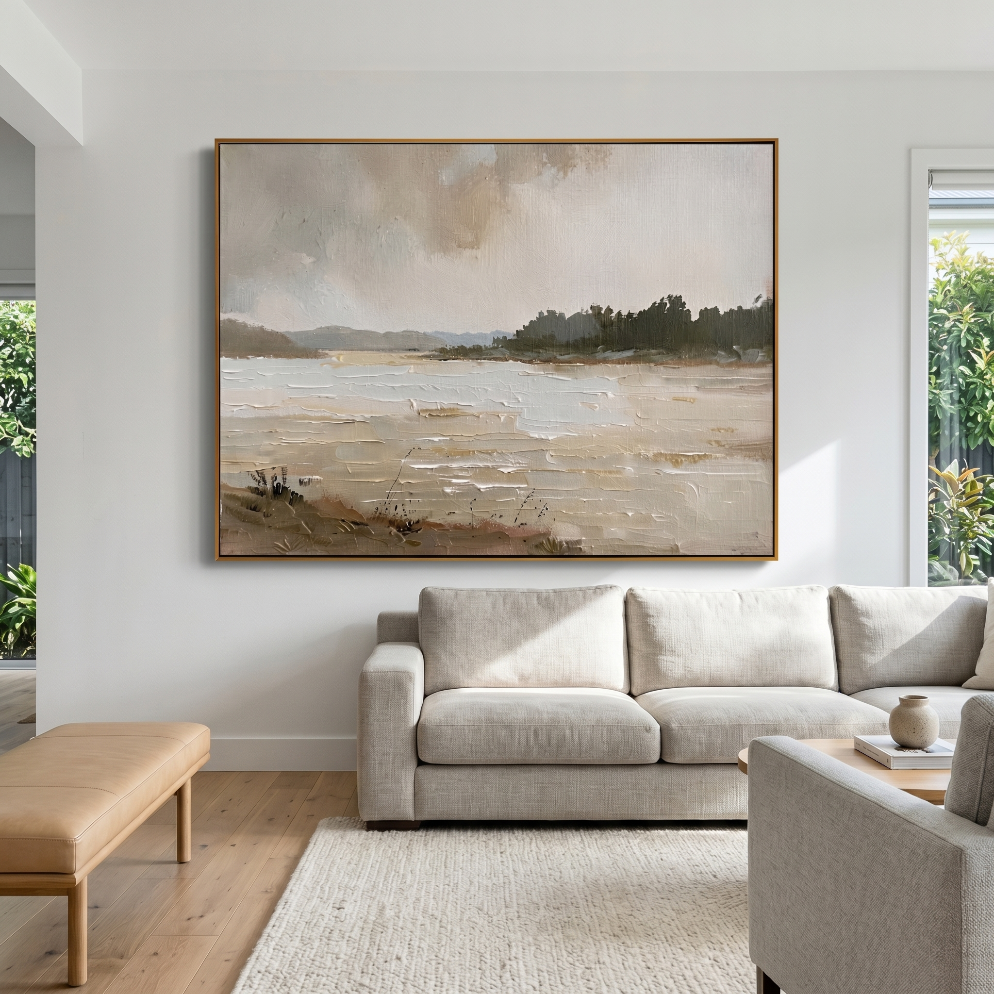 "Rustic Reverie" – Impressionist Neutral Lakeside Landscape Painting | Serene Farmhouse Wall Decor