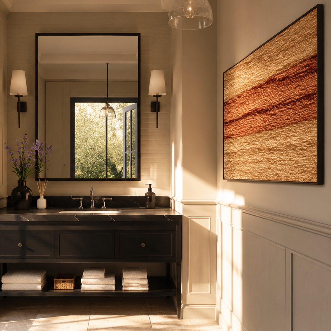 "Earthy Luminous Stripes" – Tactile Minimalist Abstract Art | Metallic Copper & Beige Impasto Wall Decor | Contemporary Horizontal Art#PT 009