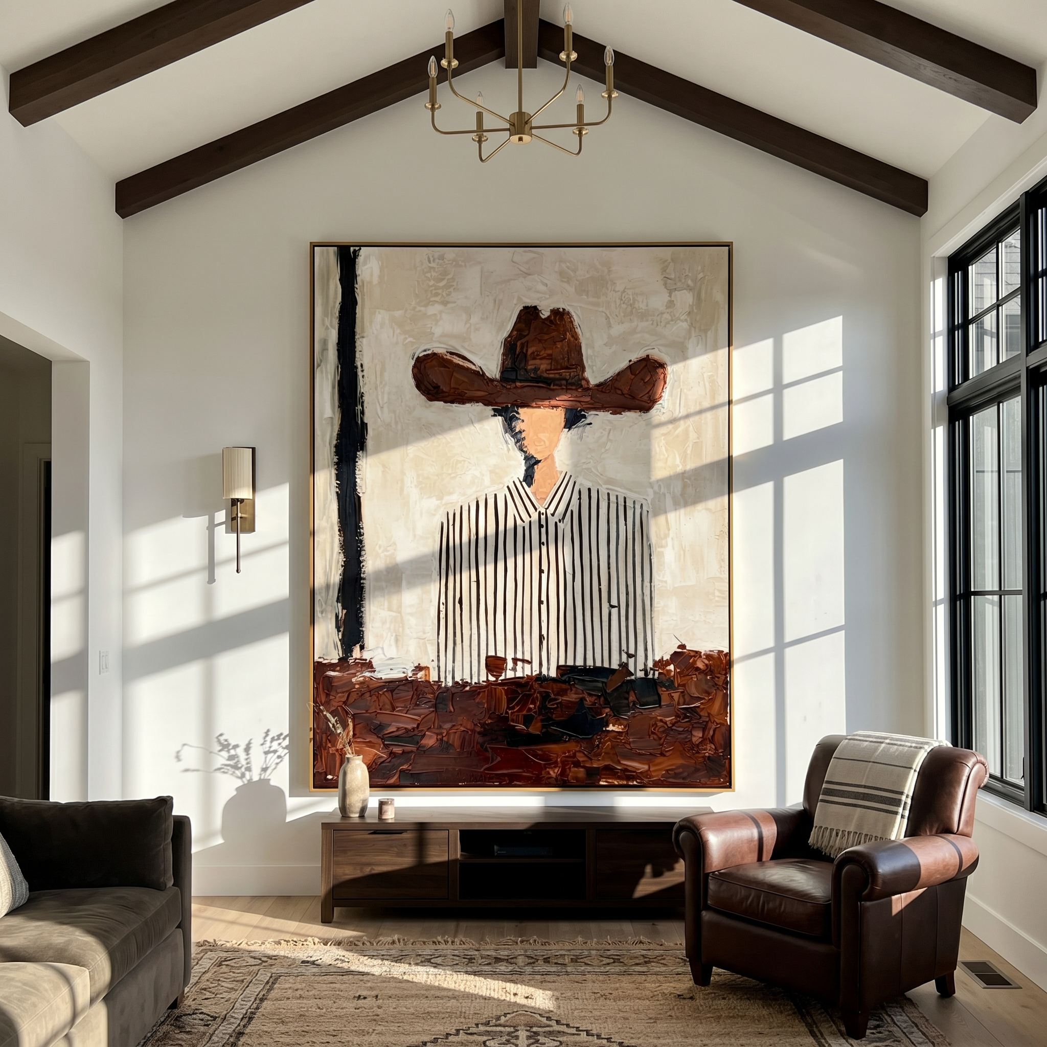 "Modern Cowboy in Stripes" – Contemporary Heavy Impasto Portrait | 3D Cinnamon & Cream Palette Knife Painting | Luxury Vertical Wall Art #PE 011