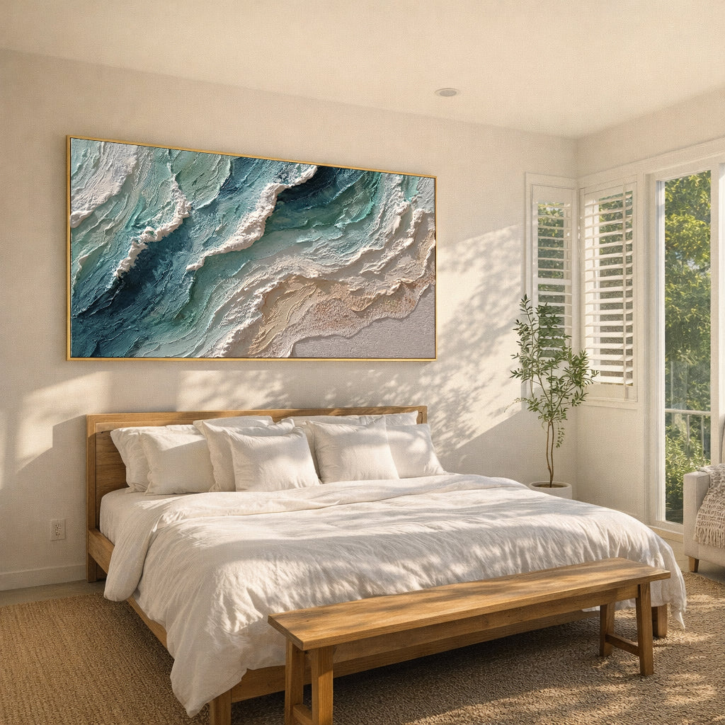"Oceanic Pulse" – 3D Textured Abstract Wave Impasto Canvas Art | Relaxing Bedroom Wall Decor