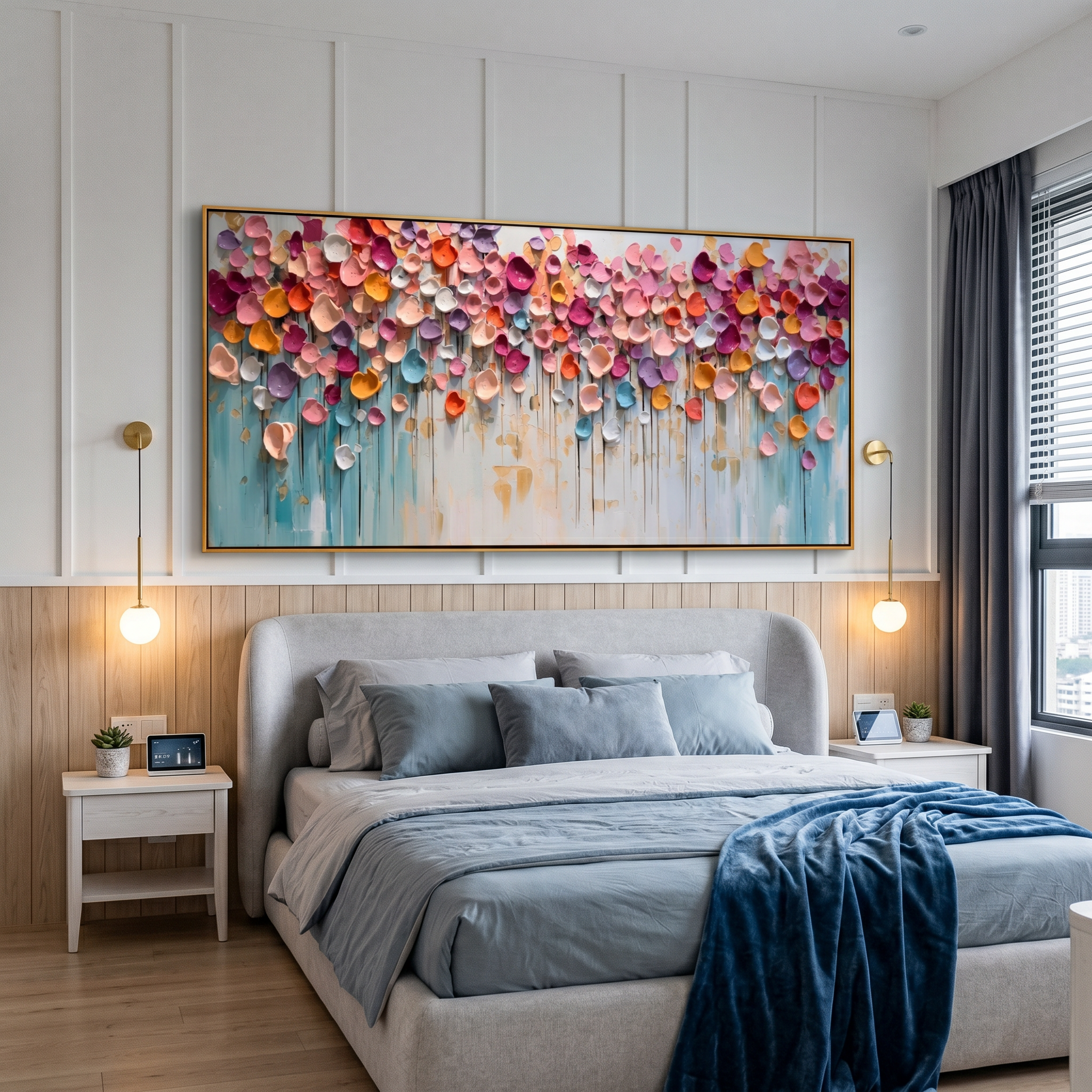 "Joyful Burst" – Modern 3D Impasto Abstract Petal Painting | Vibrant Horizontal Living Room Wall Art