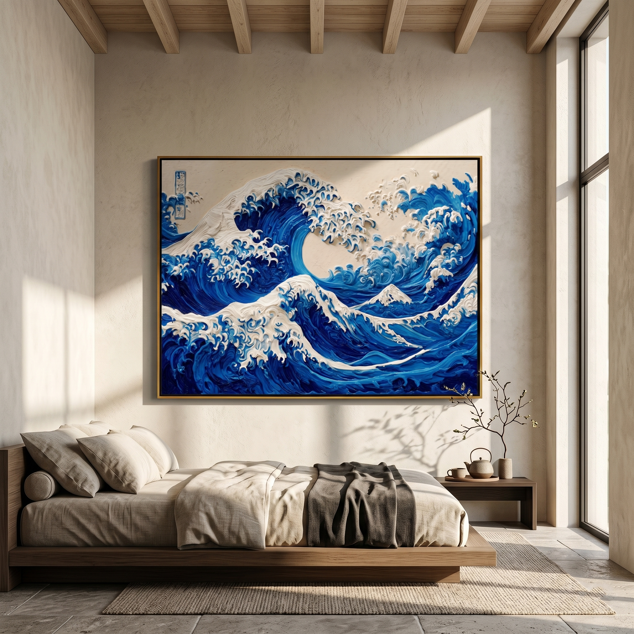 "Relief Wave of Kanagawa" – Expressive Sculptural Seascape Art | 3D Layered Blue Gradient with Raised Foam Canvas | Luxury Horizontal Wall Art#PT 018