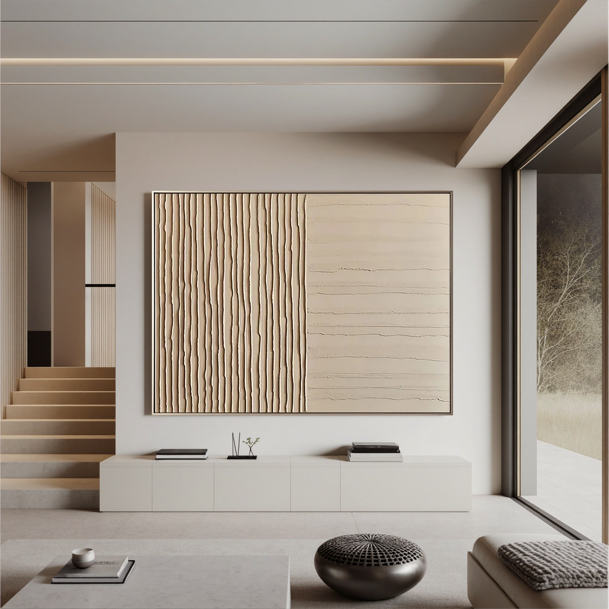 "Duality" - 3D Minimalist Dual-Texture Plaster Relief | Warm Beige Wabi-Sabi Statement Art