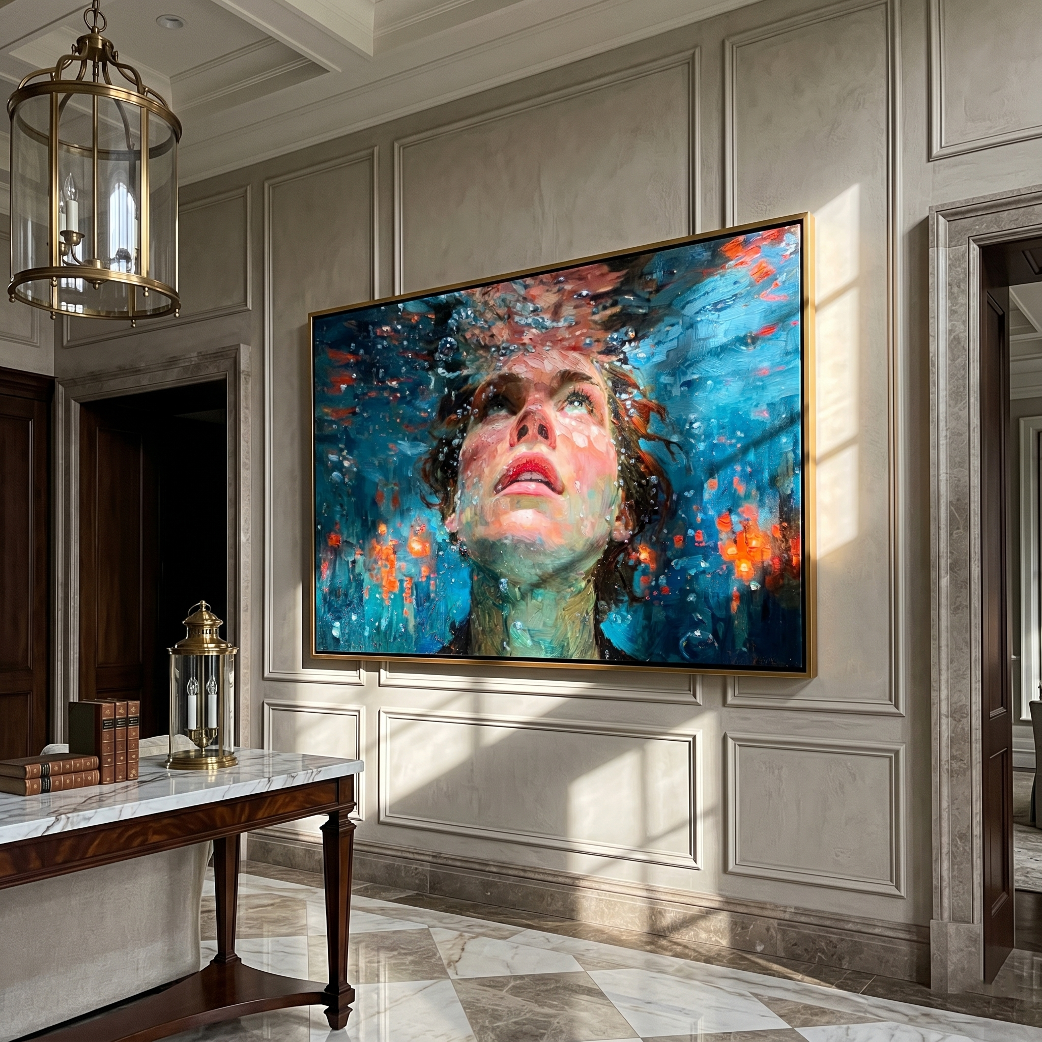 "Rising Breath Underwater" – Modern Heavy Impasto Figurative Art | 3D Turquoise & Coral Palette Knife Painting | Luxury Horizontal Wall Art#PE 004
