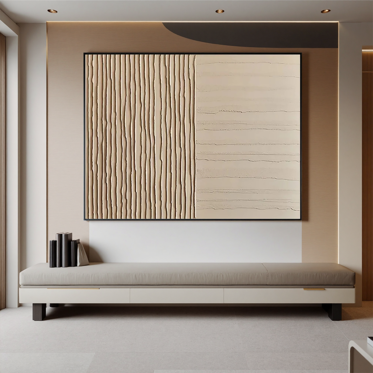 "Duality" - 3D Minimalist Dual-Texture Plaster Relief | Warm Beige Wabi-Sabi Statement Art