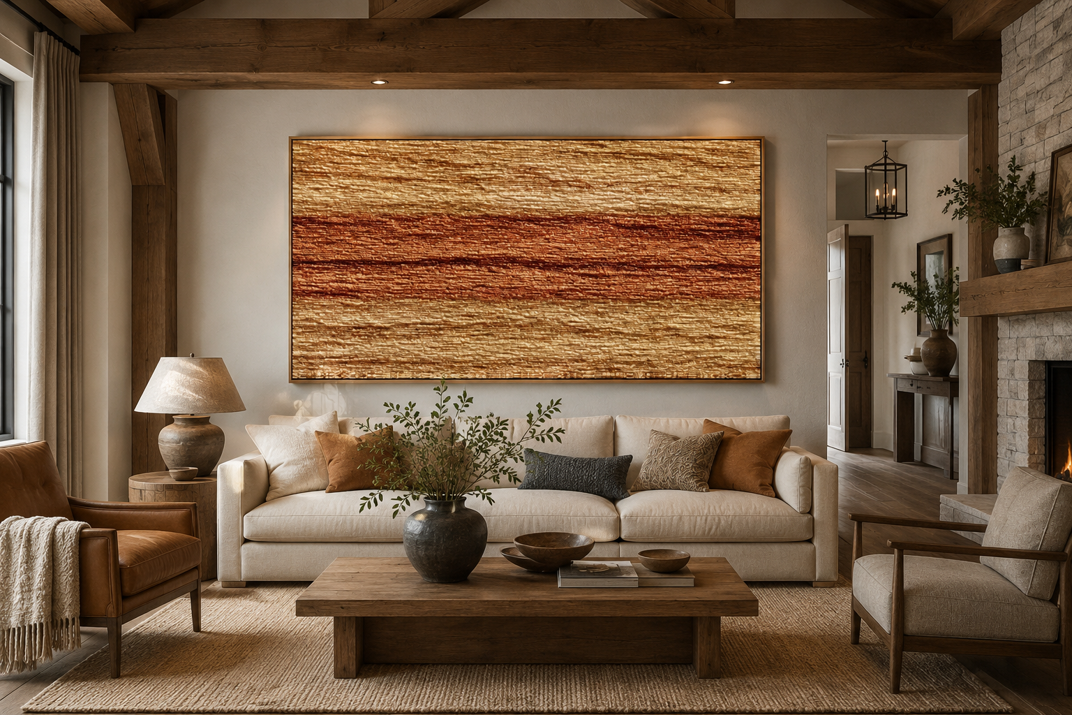 "Earthy Luminous Stripes" – Tactile Minimalist Abstract Art | Metallic Copper & Beige Impasto Wall Decor | Contemporary Horizontal Art#PT 009
