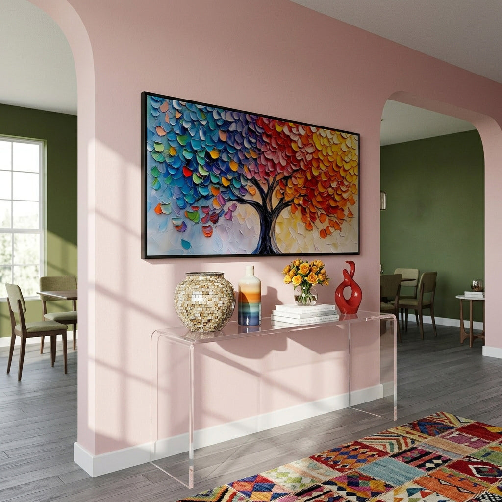 "Vibrant Awakening" – Rainbow Impasto Tree of Life Oil Painting | Modern Living Room Wall Art