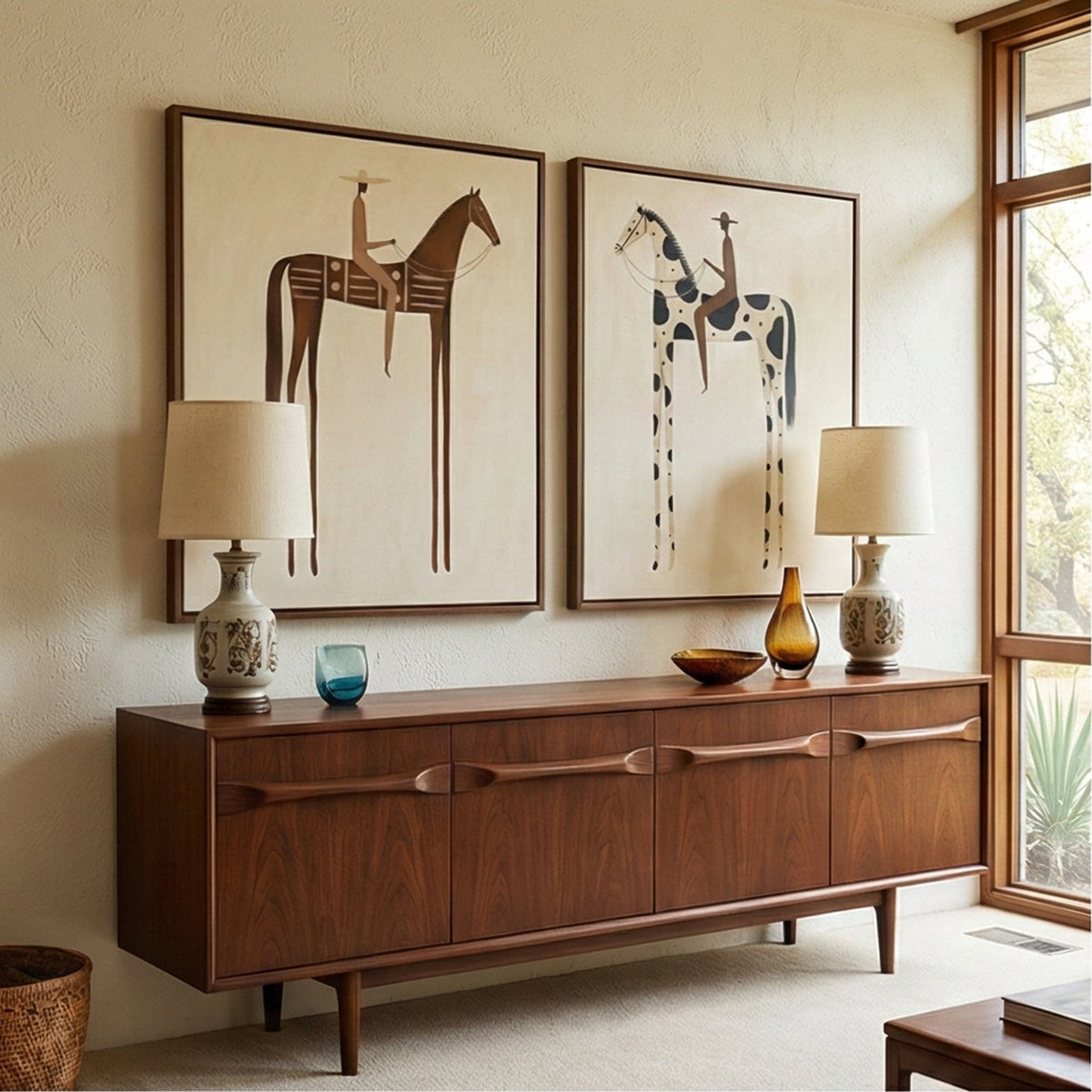 "Paired Reveries" - Modern Heavy Impasto Western Animal Artwork | Golden Palette Knife Painting | Luxury Two-Panel Vertical Wall Art #YK 1606