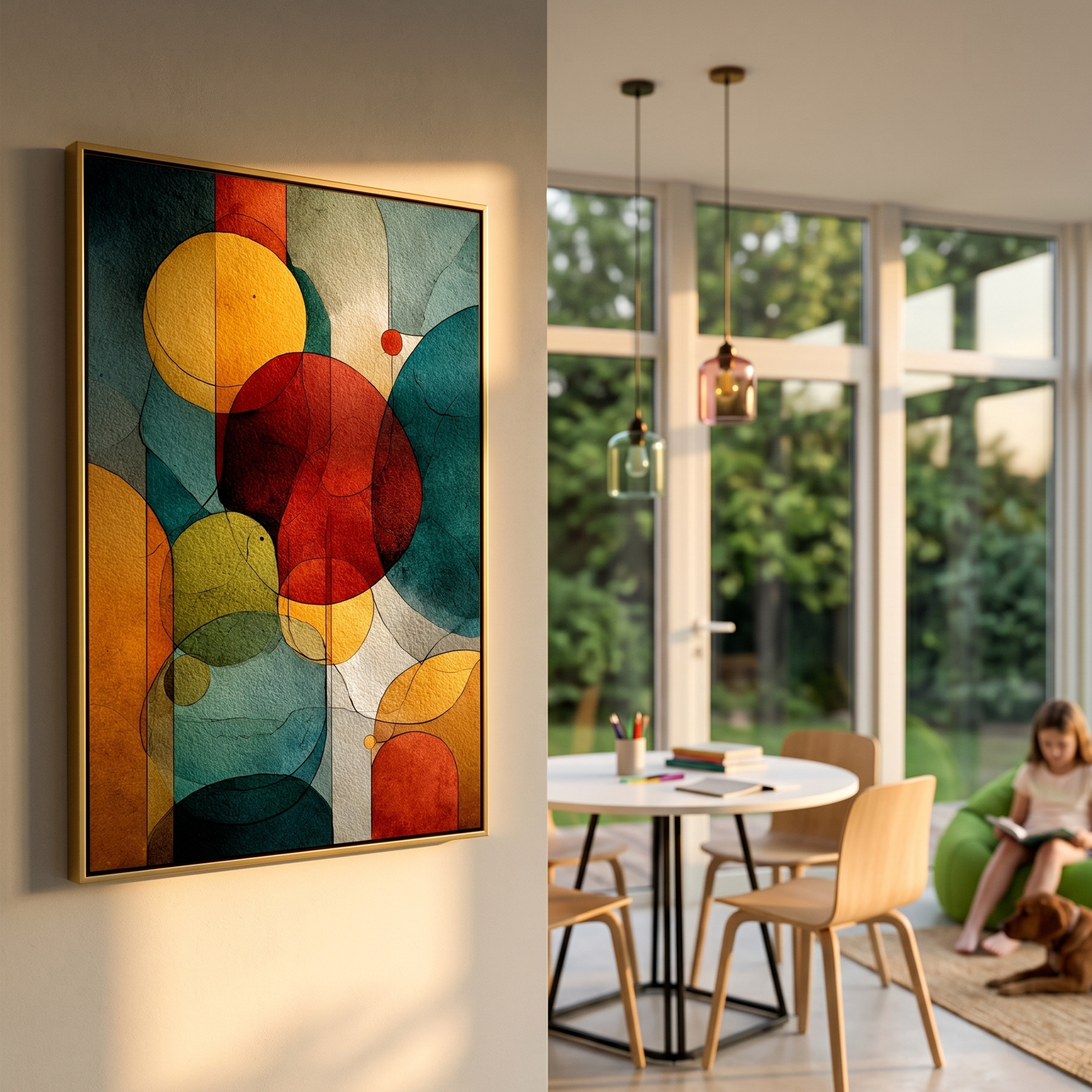 "Vintage Abstract Shapes" – Textured Mid-Century Modern Art | Earthy Teal, Red & Gold Impasto Painting | Contemporary Vertical Wall Decor#PT 003