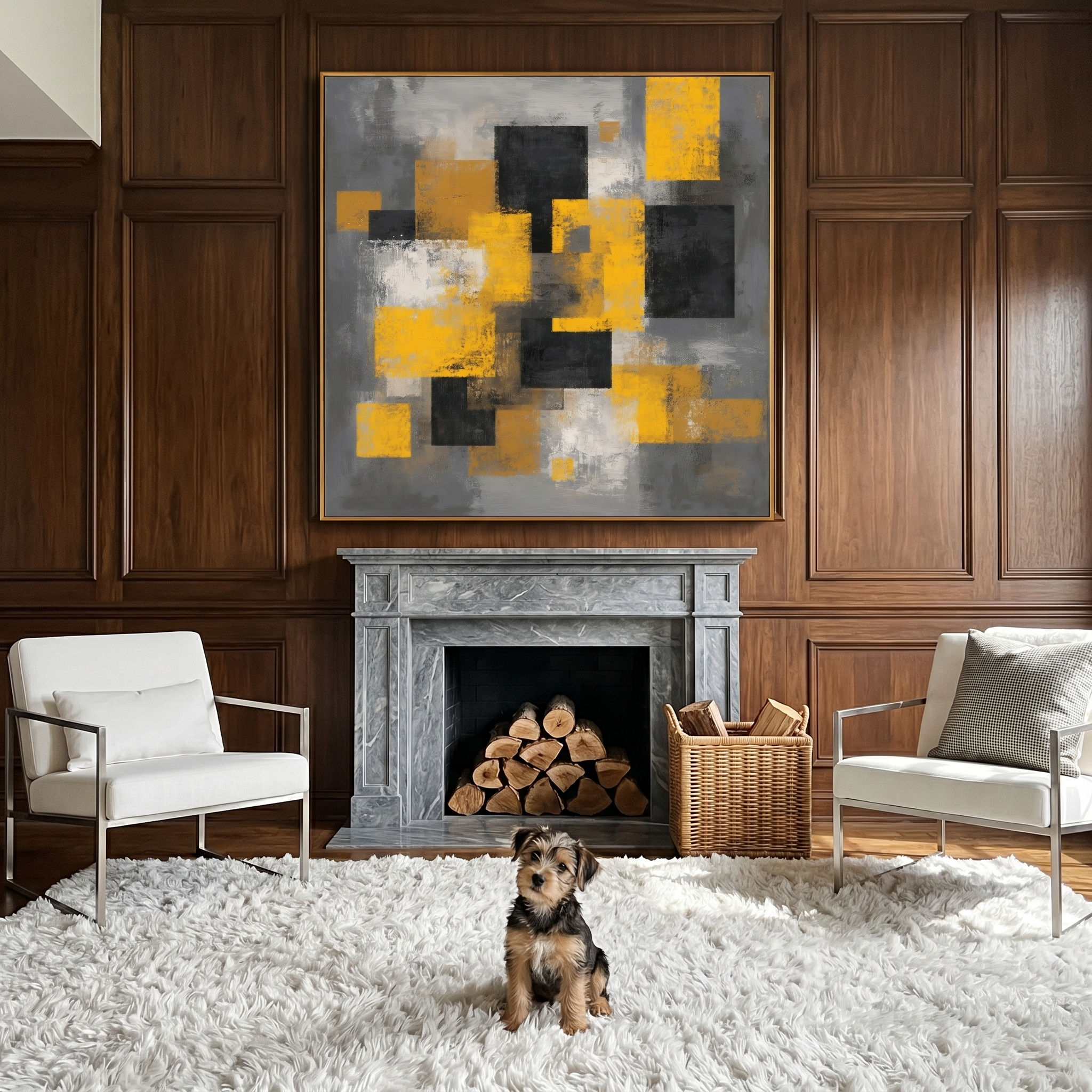 "Urban Kinetic" – Modern Mustard Yellow & Charcoal Grey Abstract Painting | Structured Industrial Wall Art