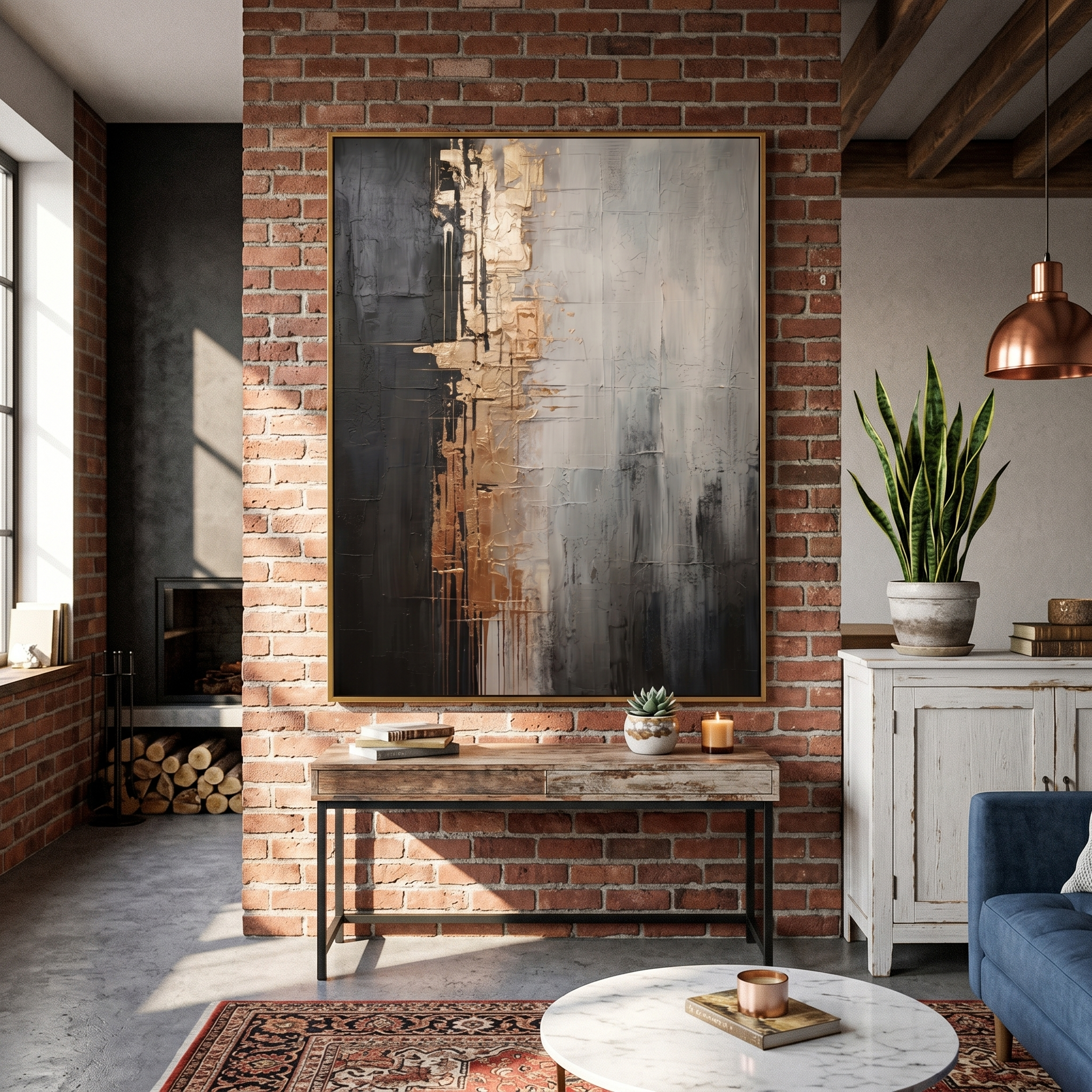 "Gilded Fissure" – Industrial Gold & Charcoal Abstract Oil Painting | Sophisticated Executive Office Art