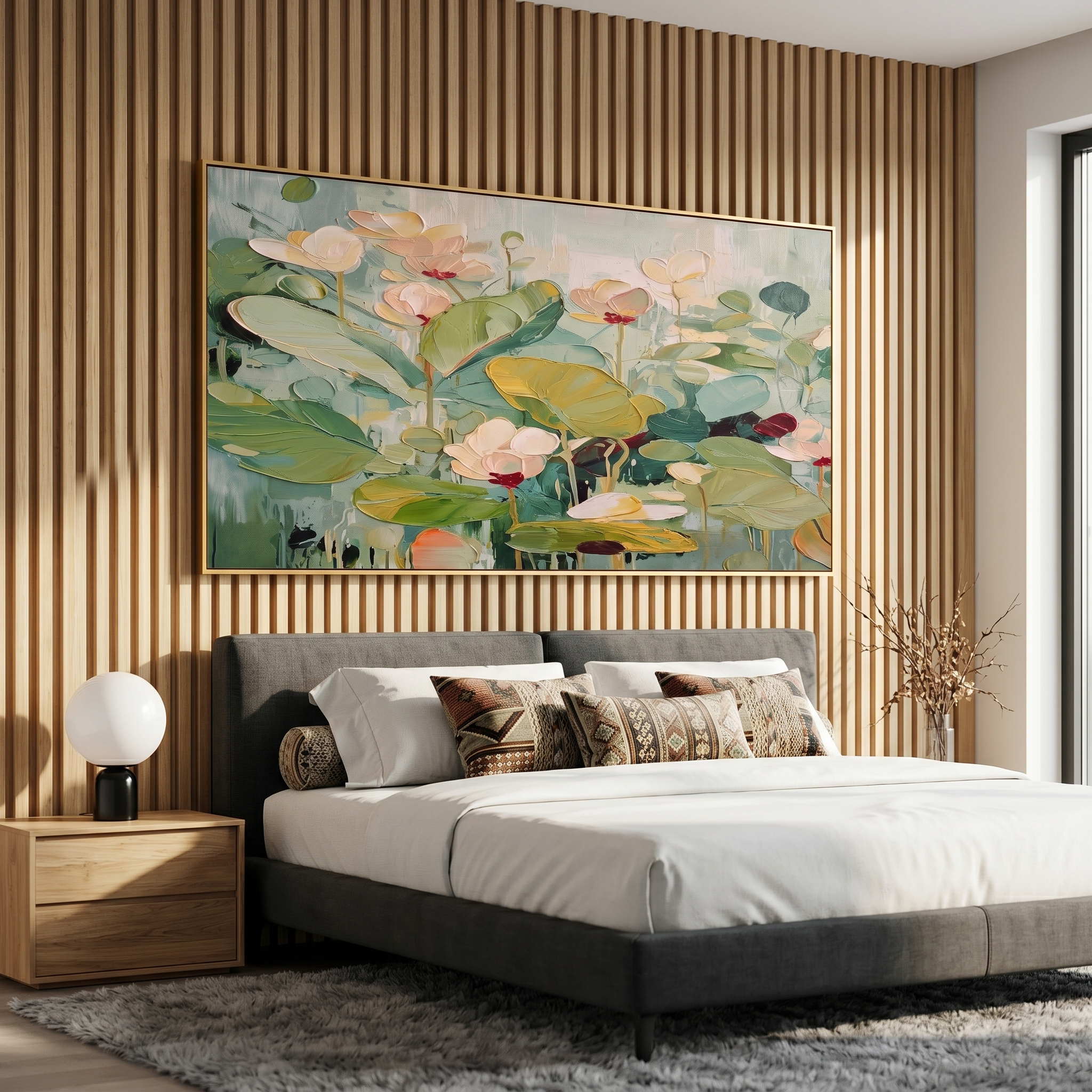 "Botanical Serenity" – Impressionist Lotus Floral Impasto Canvas Art | Elegant Dining Room Decor