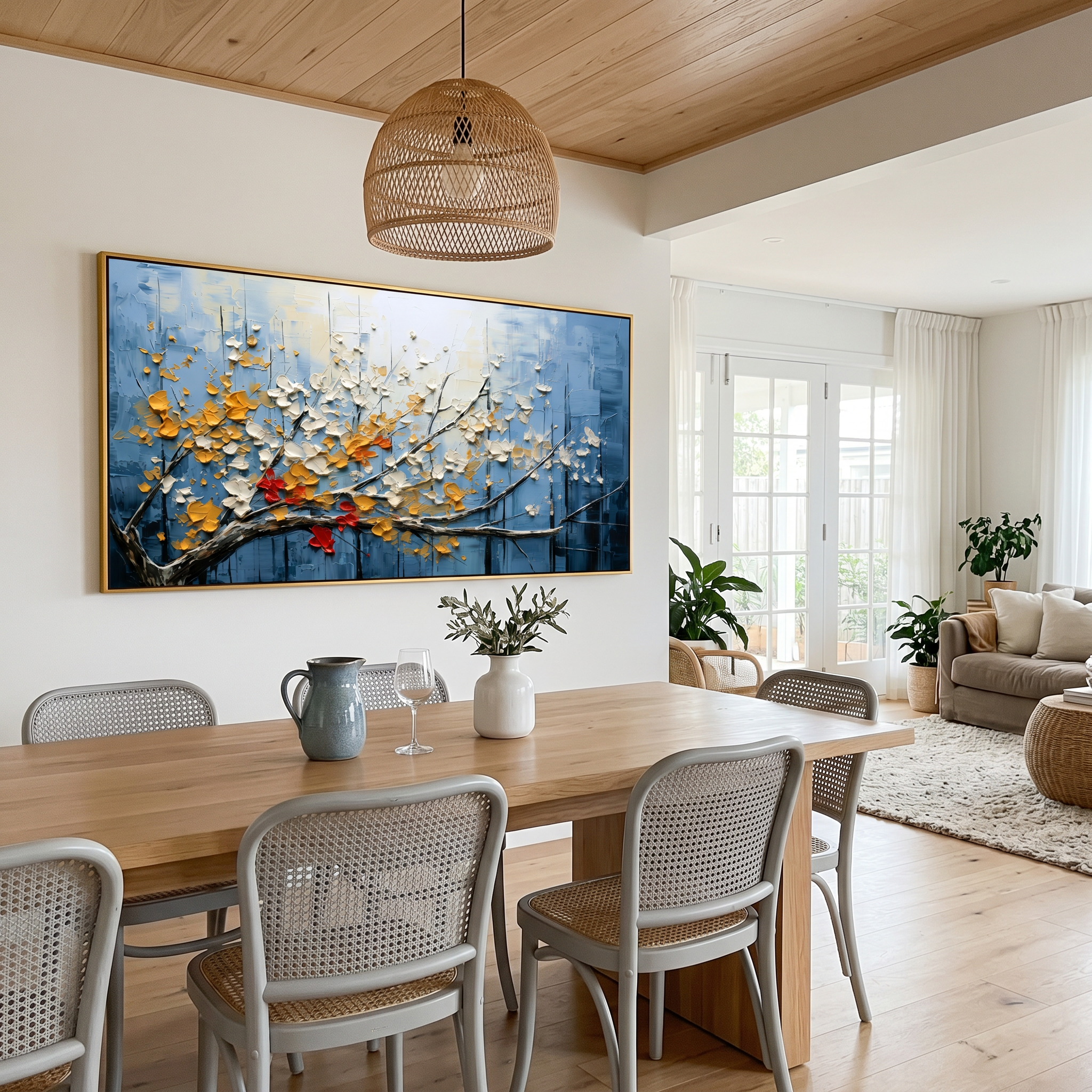"Golden Breath" – Impressionist Textured Blossom Branch | Serene Over-Sofa Statement Art