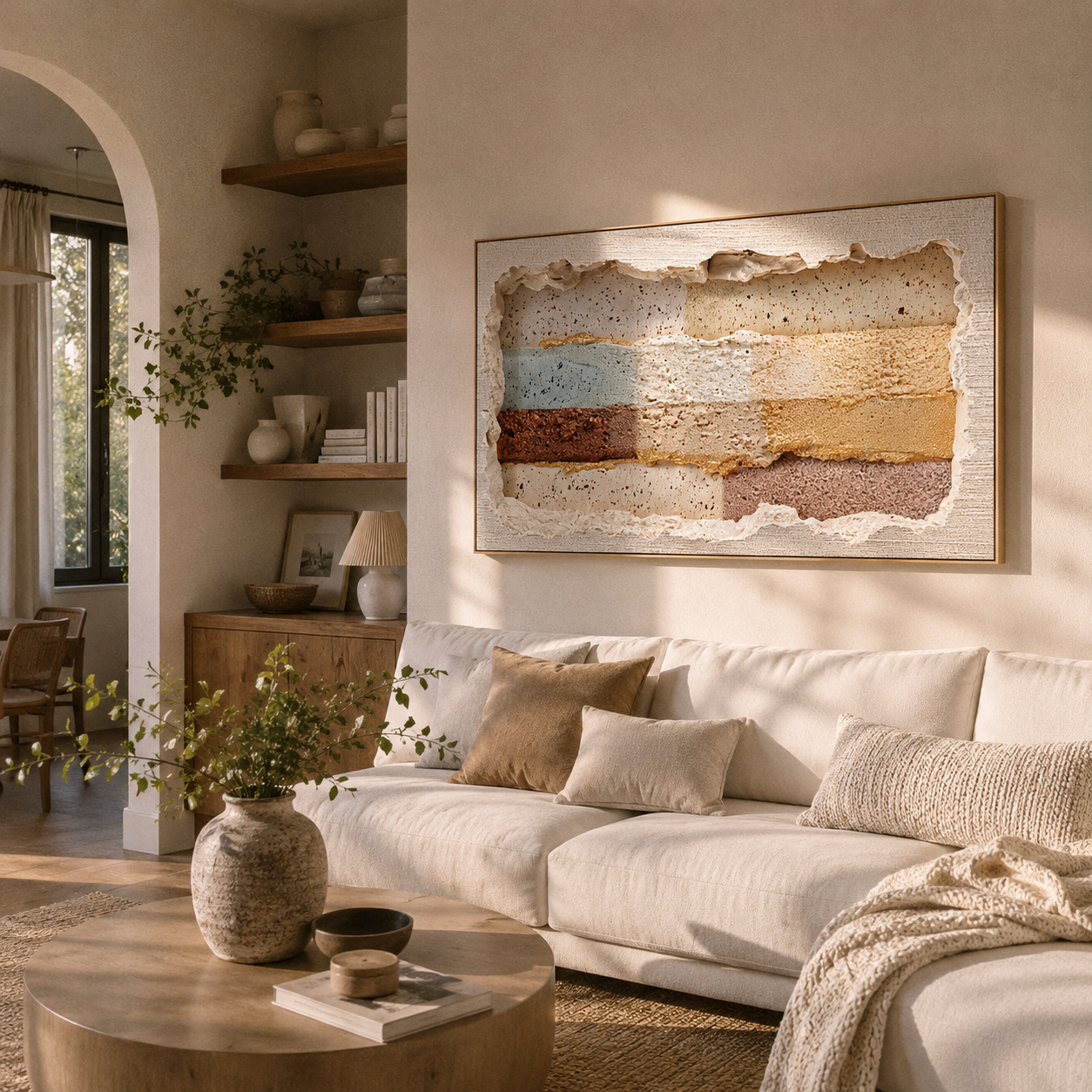 "Torn Paper Textures" – Tactile Mixed-Media Abstract Art | Earthy Brown, Blue & Gold Impasto Wall Decor | Contemporary Horizontal Art# PT 012