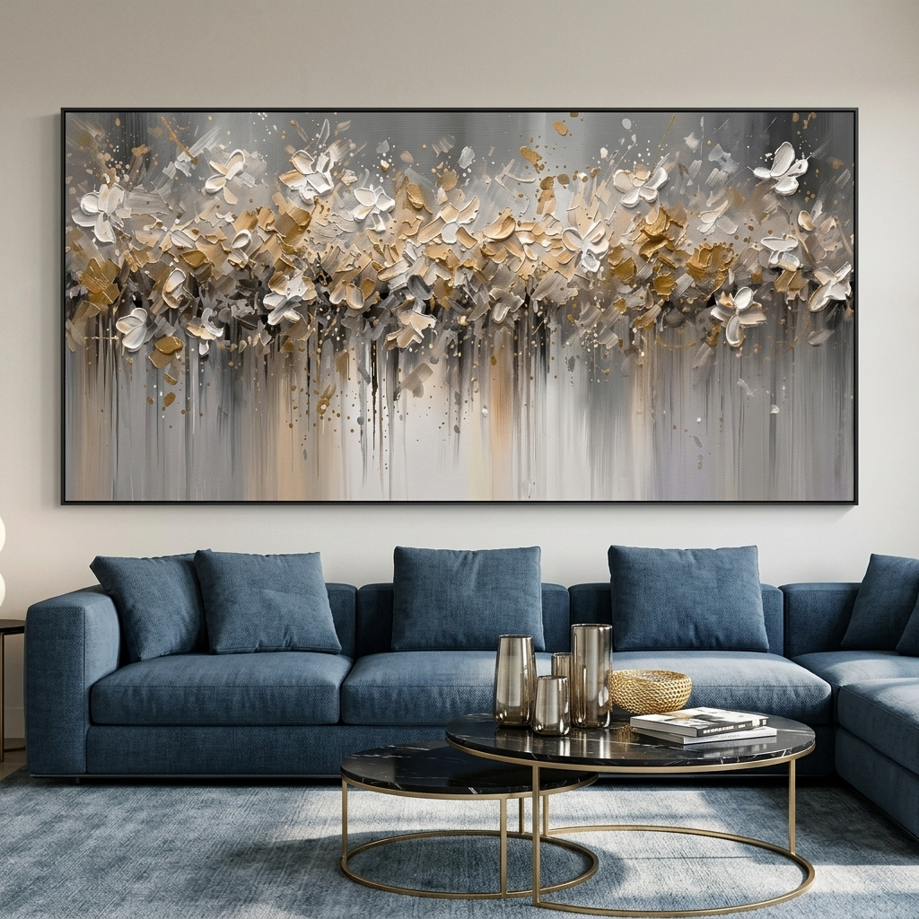 "Gilded Meadow" – Modern Abstract Gold Foil Impasto Floral Painting | Panoramic Living Room Centerpiece