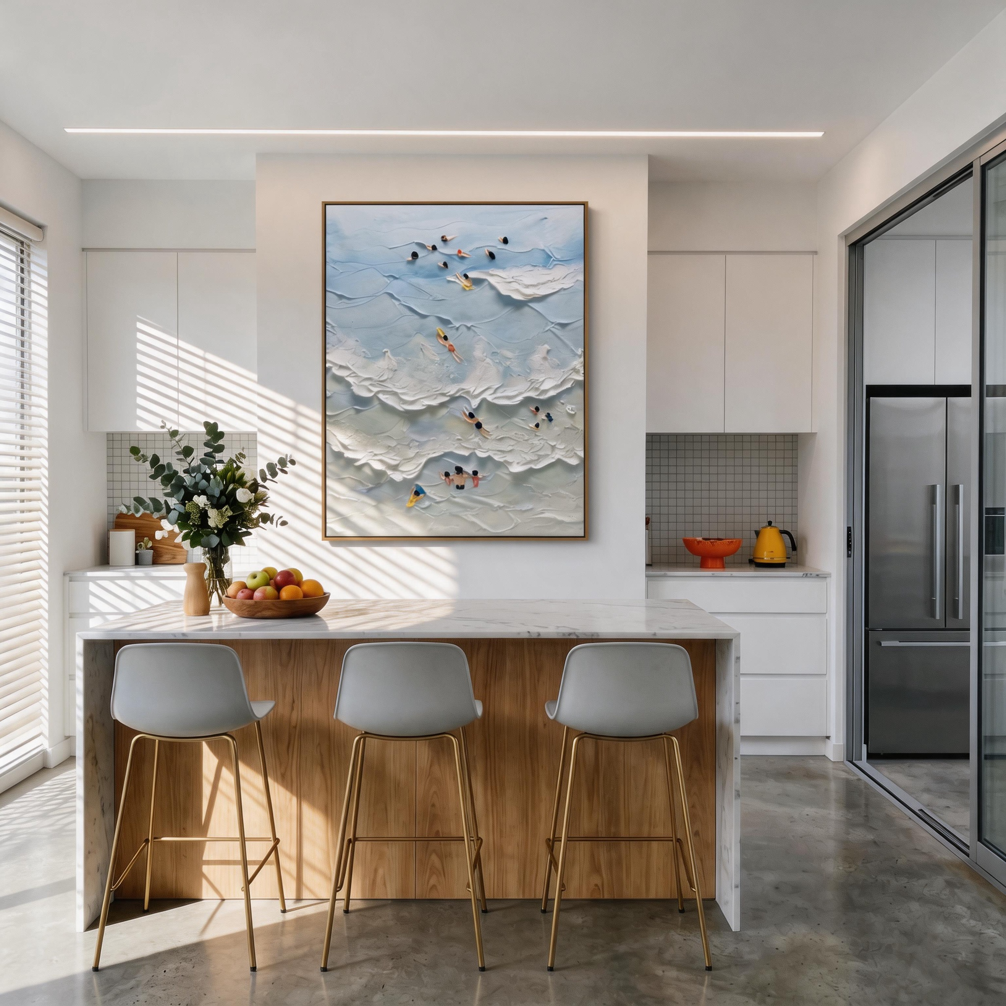 "Playful Tides" – Whimsical 3D Aerial Beach Impasto Canvas Art | Bright Coastal Living Room Decor