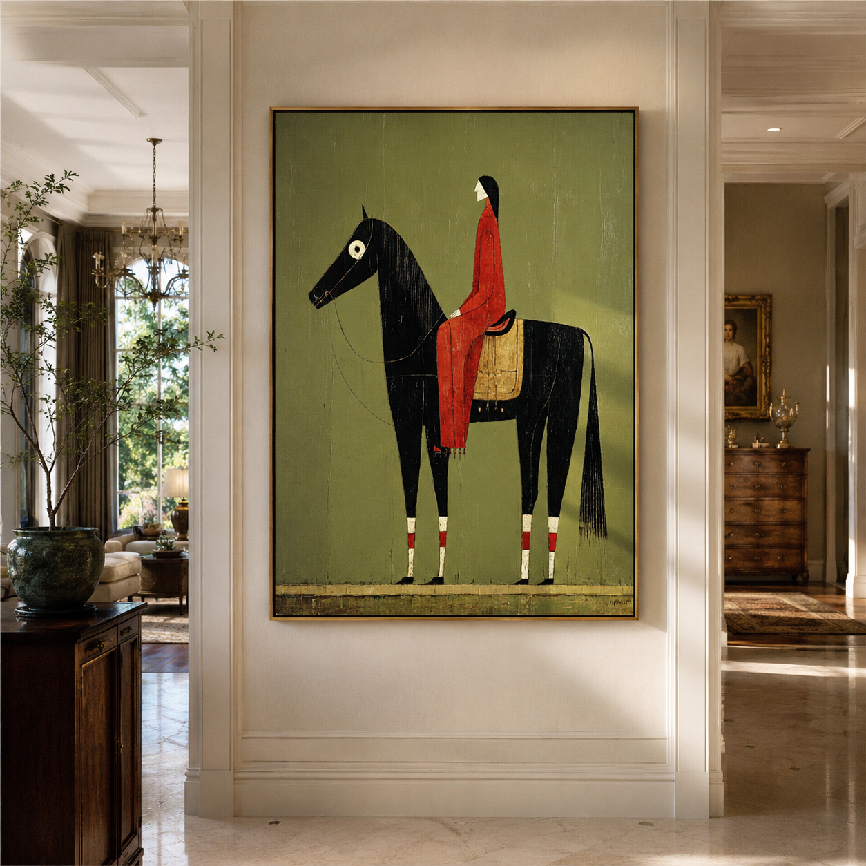 "Vintage Horse & Rider" – Textured Folk Art Style Painting | Earthy Olive, Red & Black Impasto Wall Decor | Contemporary Vertical Art#AB 001