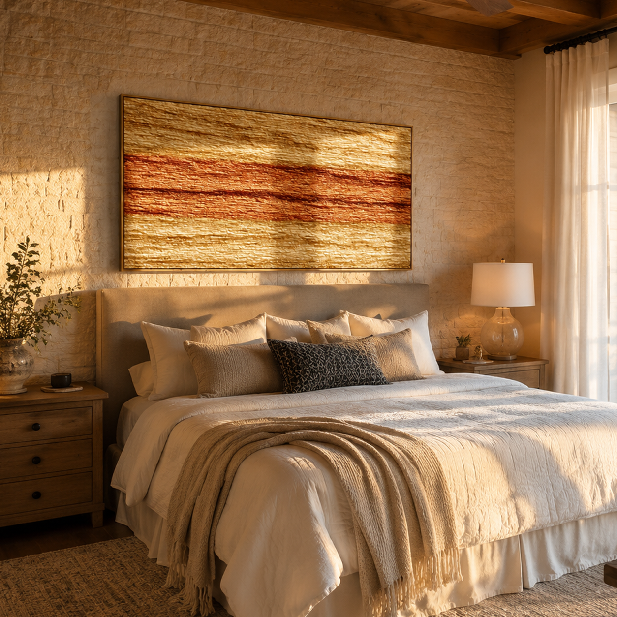 "Earthy Luminous Stripes" – Tactile Minimalist Abstract Art | Metallic Copper & Beige Impasto Wall Decor | Contemporary Horizontal Art#PT 009