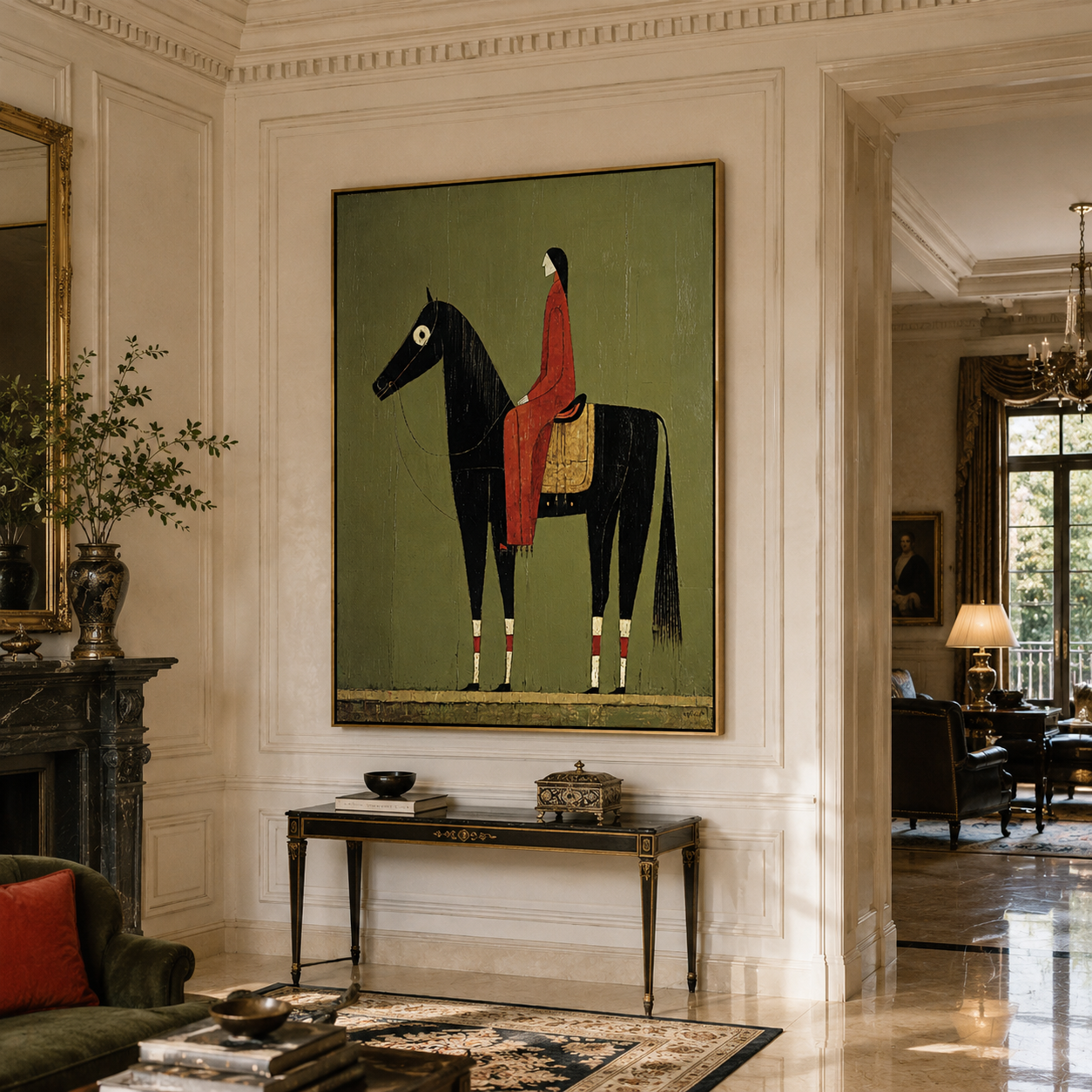 "Vintage Horse & Rider" – Textured Folk Art Style Painting | Earthy Olive, Red & Black Impasto Wall Decor | Contemporary Vertical Art#AB 001