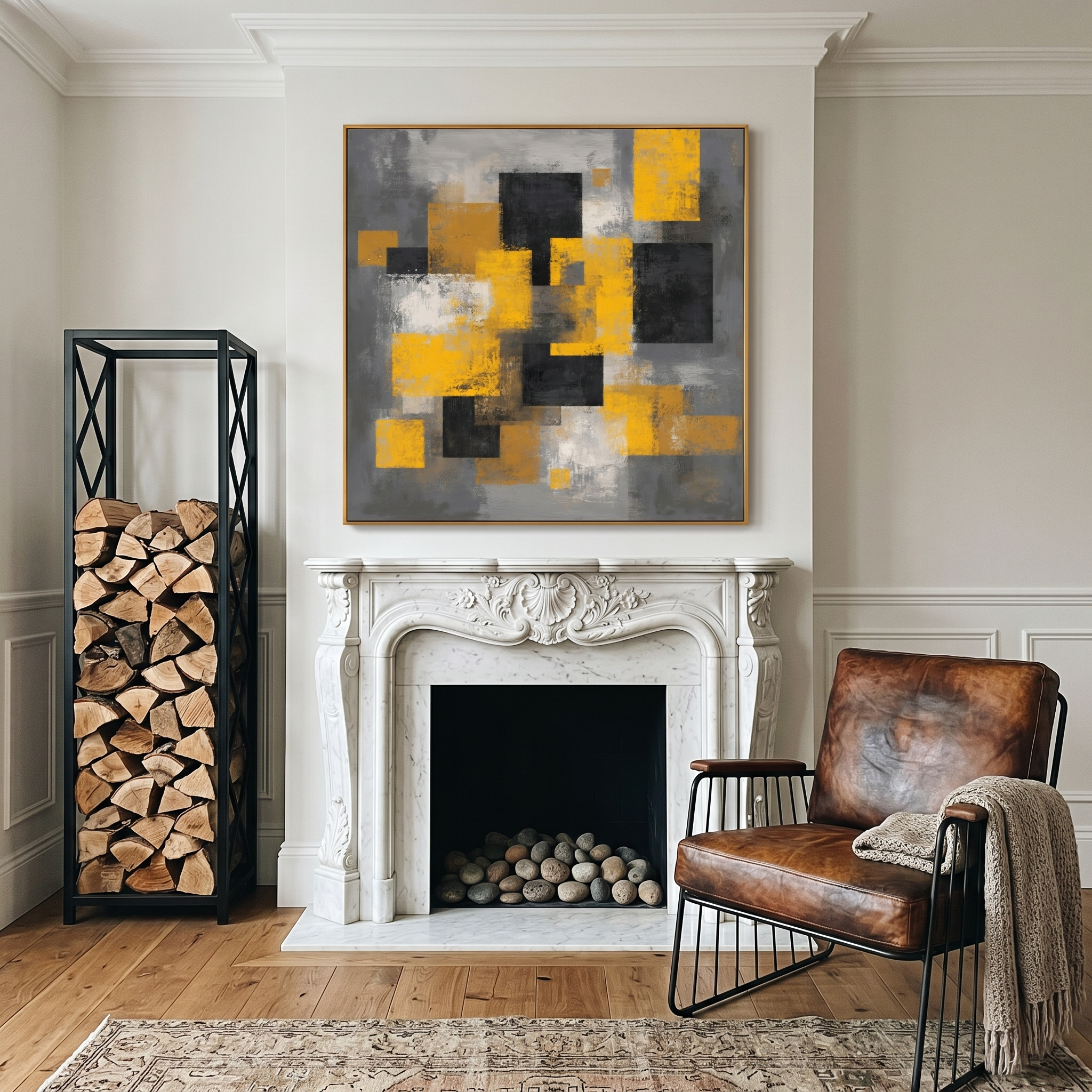 "Urban Kinetic" – Modern Mustard Yellow & Charcoal Grey Abstract Painting | Structured Industrial Wall Art