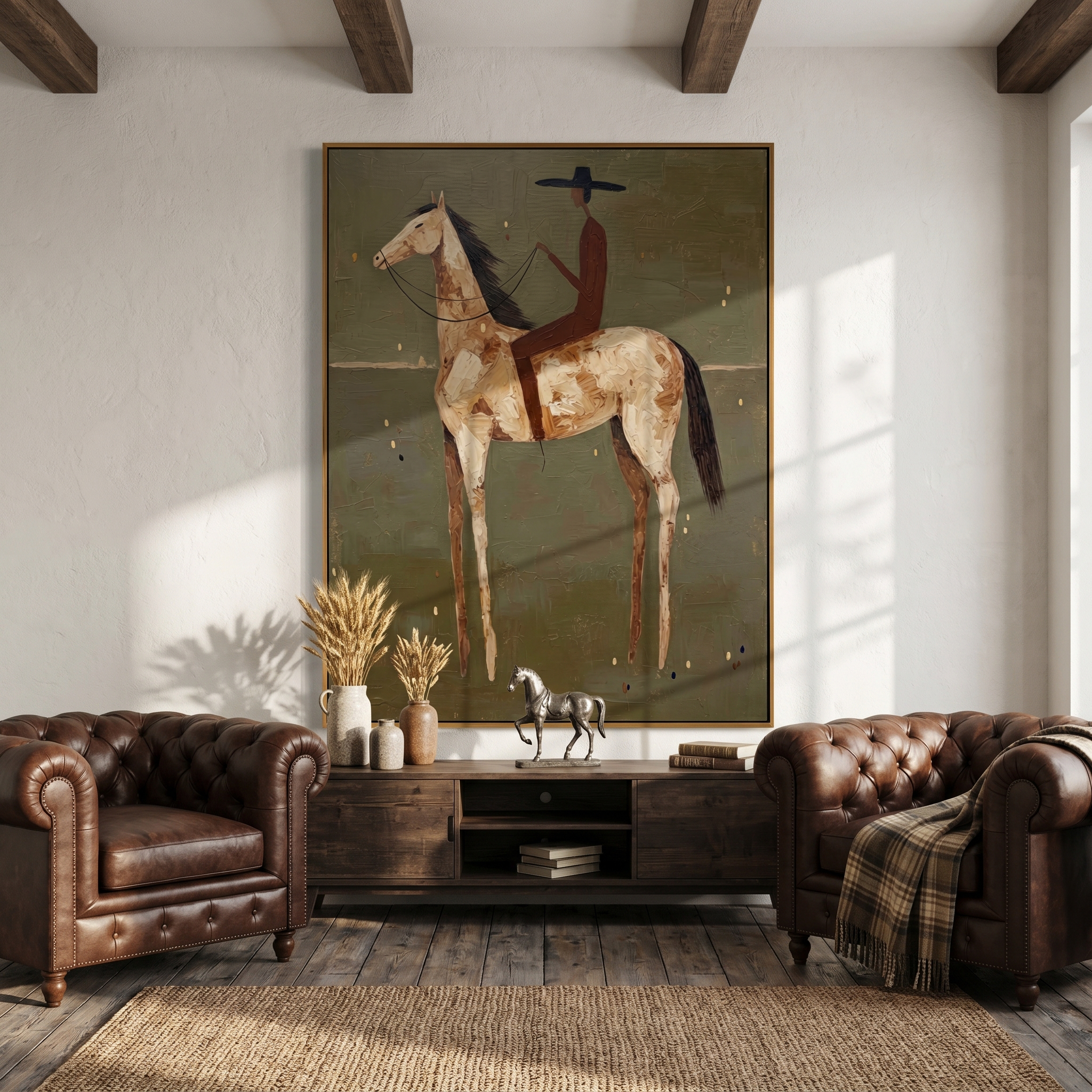 "Equestrian in Olive Light" – Abstract Textured Impasto Artwork | Earthy Washed Tones Wall Decor | Contemporary Vertical Statement Piece #AB 004