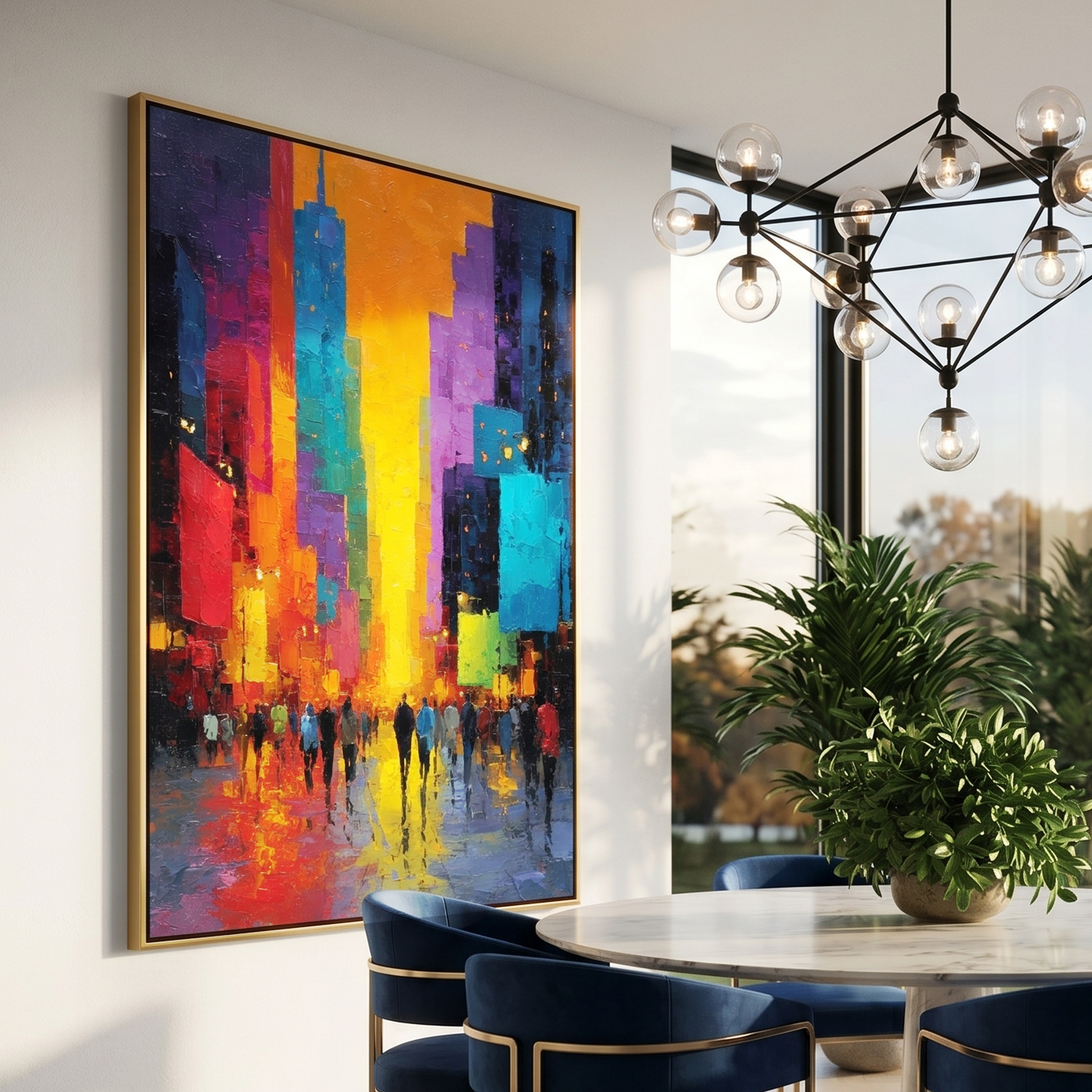 "Neon City Rush" – Modern Heavy Impasto Abstract Cityscape | 3D Vibrant Sunset Palette Knife Painting | Luxury Vertical Wall Art#PT 001