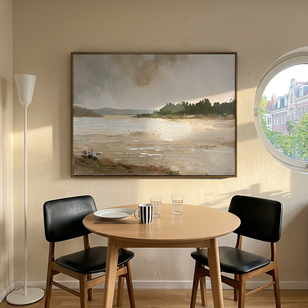"Rustic Reverie" – Impressionist Neutral Lakeside Landscape Painting | Serene Farmhouse Wall Decor