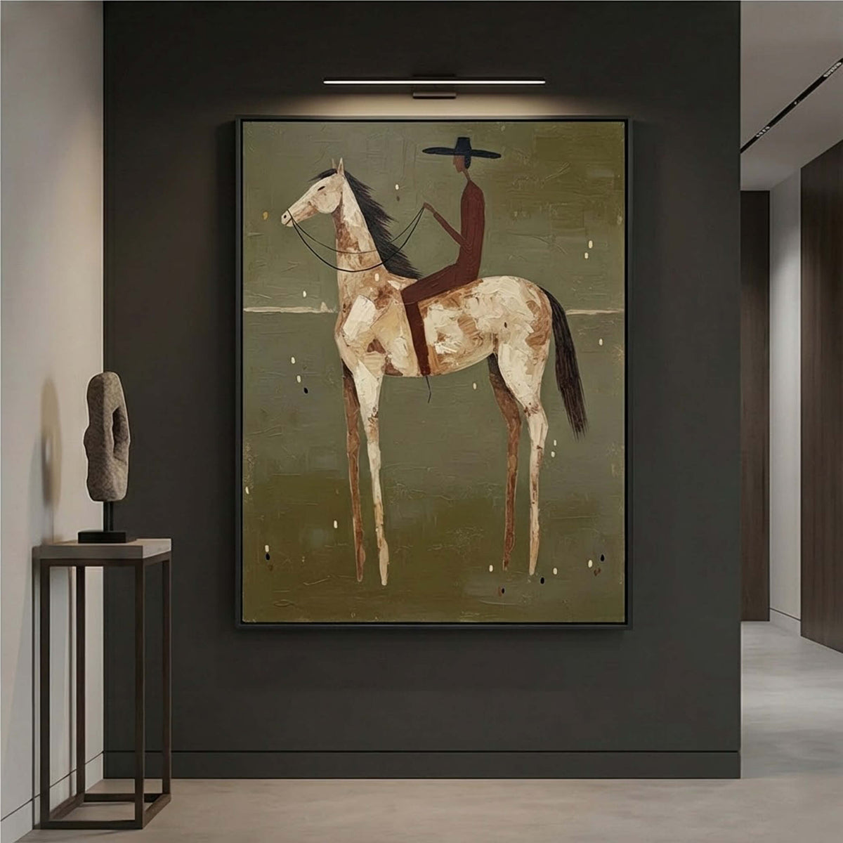 "Olive Solitude" - Modern Heavy Impasto Western Animal Artwork | Golden Palette Knife Painting | Luxury Vertical Wall Art #YK 1593