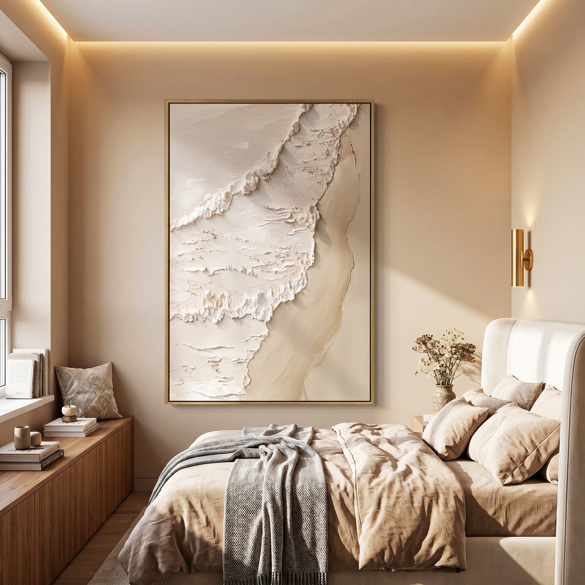 "Coastal Whisper" – Minimalist 3D Textured Wave Canvas Art | Serene Bedroom Decor