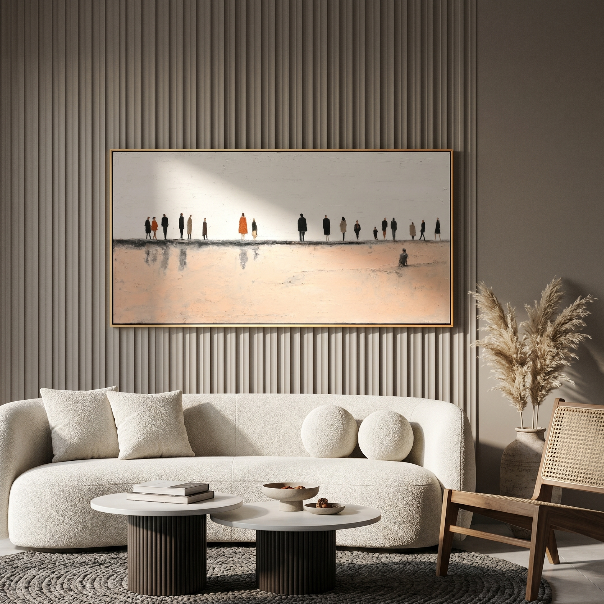 "Solitude in the Crowd" – Modern Heavy Impasto Figurative Art | 3D Neutral & Blush Palette Knife Painting | Luxury Horizontal Wall Art#LC 001