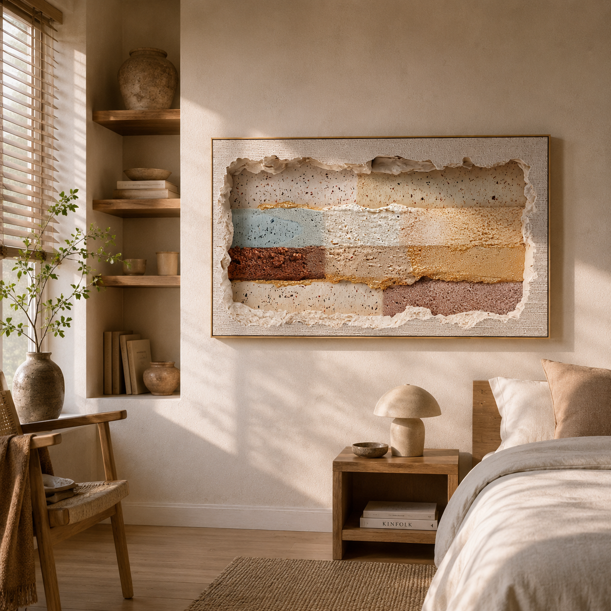 "Torn Paper Textures" – Tactile Mixed-Media Abstract Art | Earthy Brown, Blue & Gold Impasto Wall Decor | Contemporary Horizontal Art# PT 012