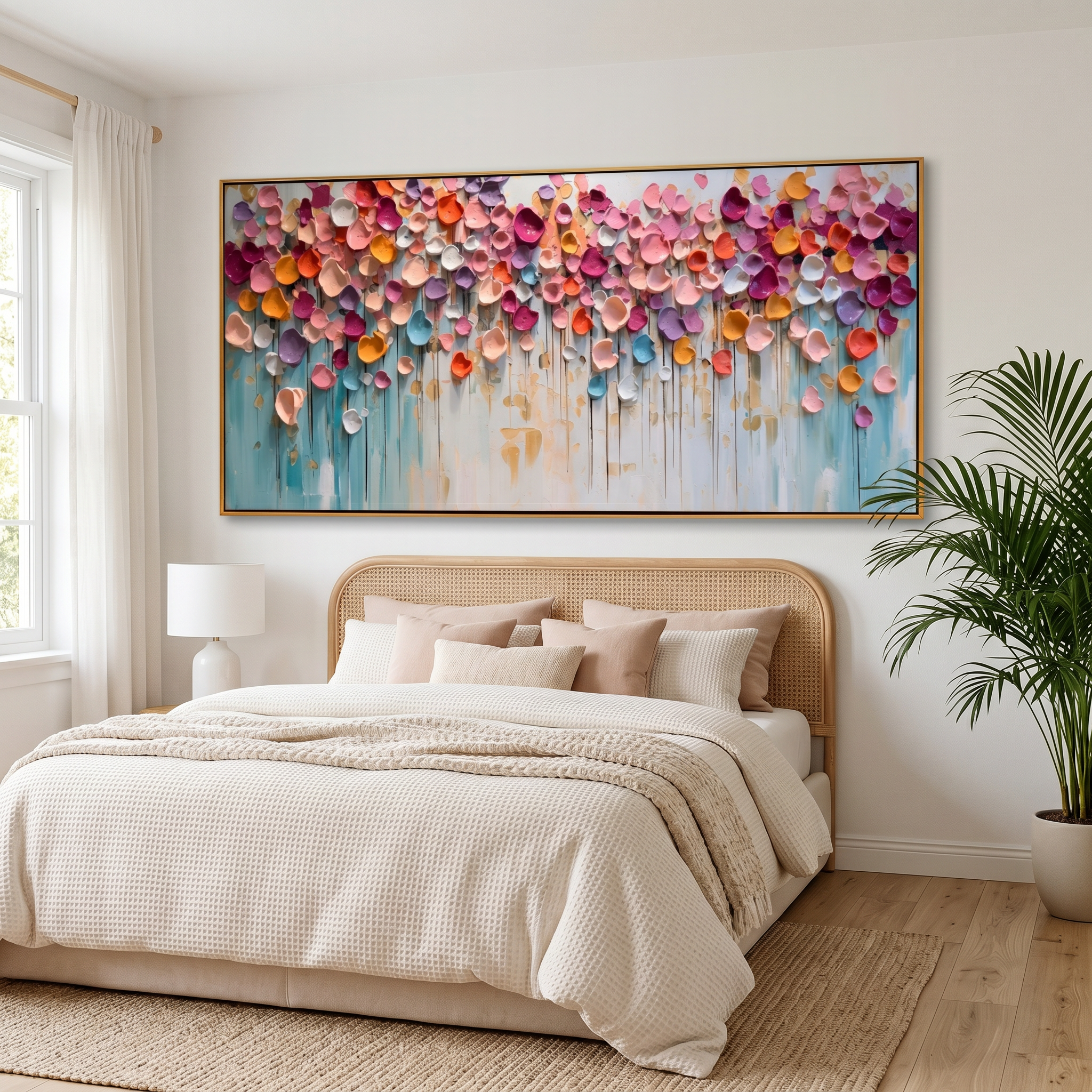 "Joyful Burst" – Modern 3D Impasto Abstract Petal Painting | Vibrant Horizontal Living Room Wall Art