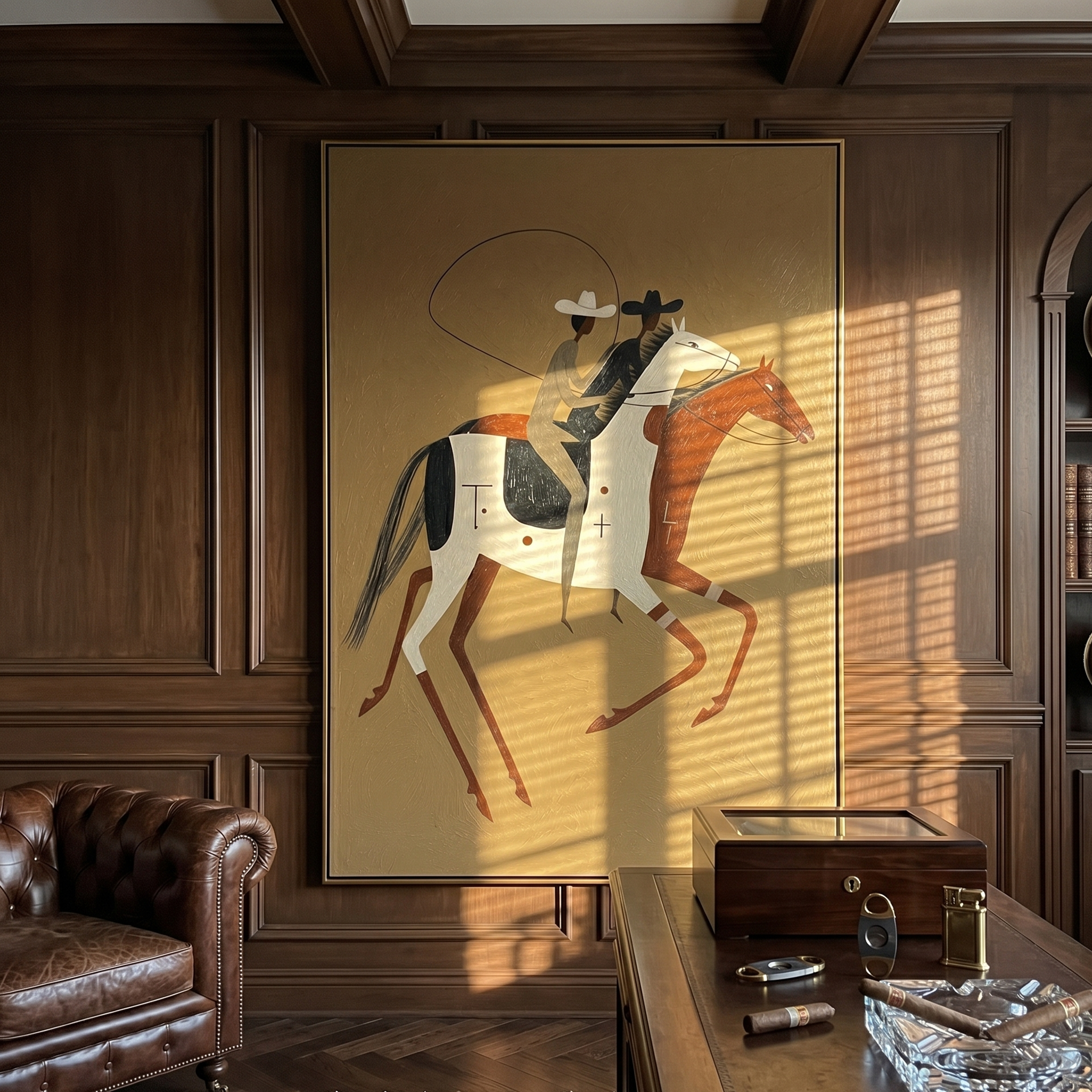 "The Lasso Partners" – Modern Heavy Impasto Western Art | 3D Ochre & Sienna Palette Knife Painting | Luxury Vertical Wall Art #AB 012