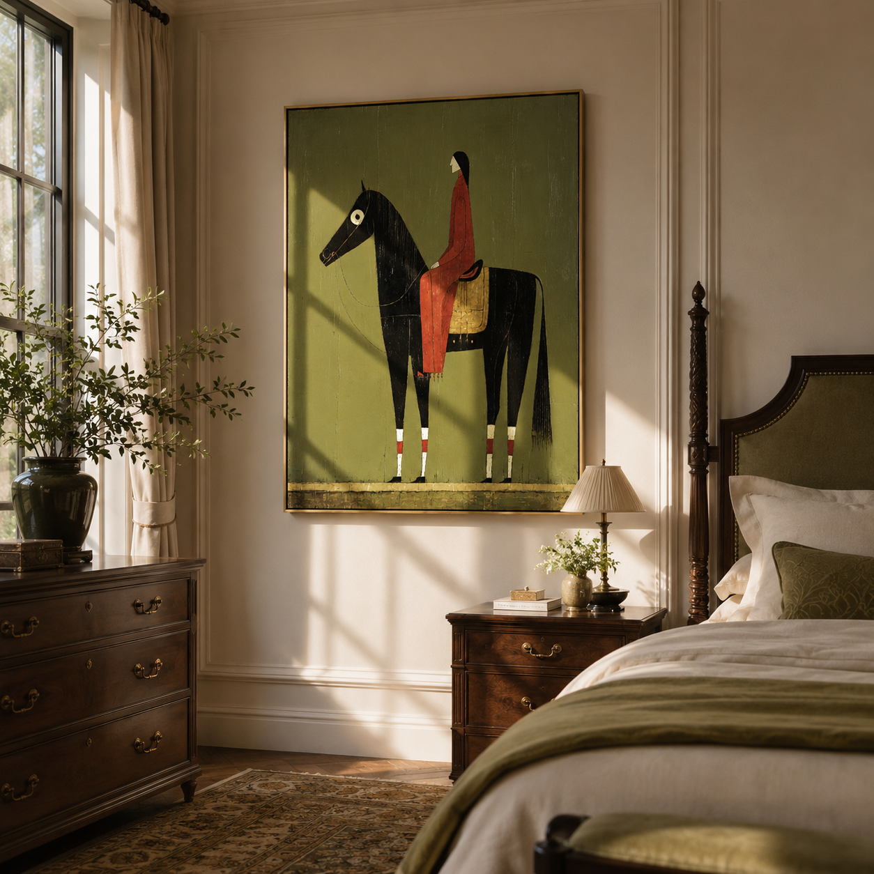 "Vintage Horse & Rider" – Textured Folk Art Style Painting | Earthy Olive, Red & Black Impasto Wall Decor | Contemporary Vertical Art#AB 001