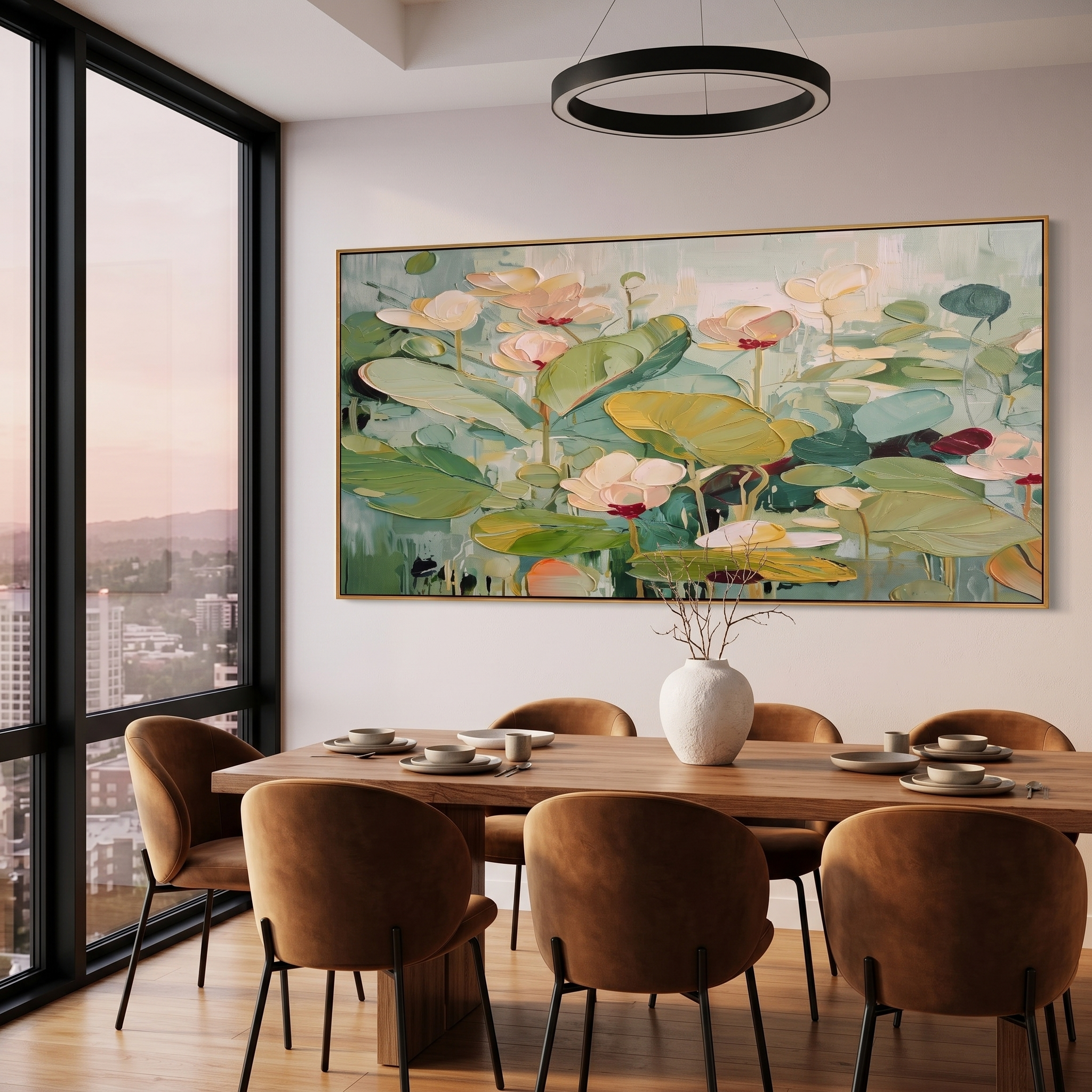 "Botanical Serenity" – Impressionist Lotus Floral Impasto Canvas Art | Elegant Dining Room Decor