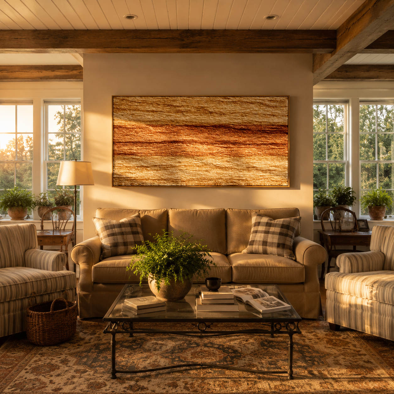 "Earthy Luminous Stripes" – Tactile Minimalist Abstract Art | Metallic Copper & Beige Impasto Wall Decor | Contemporary Horizontal Art#PT 009
