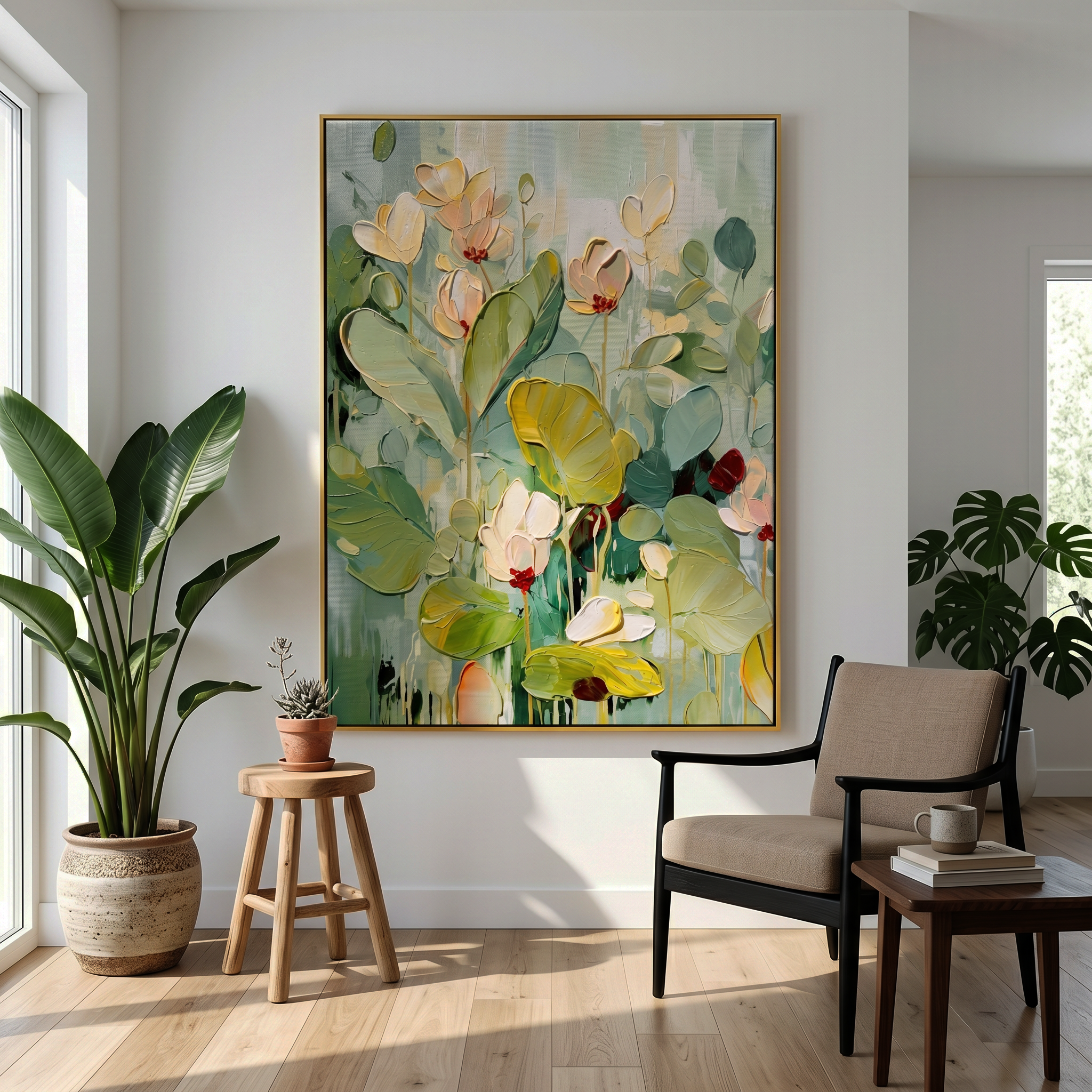 "Silent Bloom" – Expressionist Cream & Sage Impasto Floral Canvas | Serene Bedroom Art
