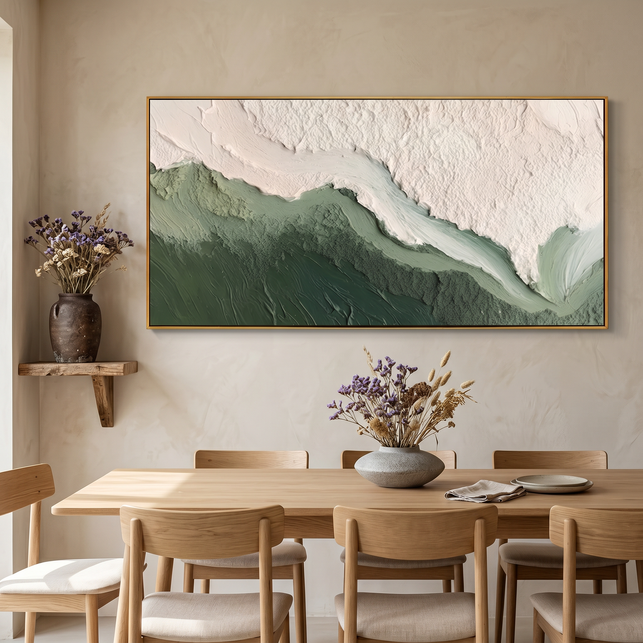 "Earthy Silence" – Minimalist Sage Green Heavy Impasto Abstract | Master Bedroom Statement Art