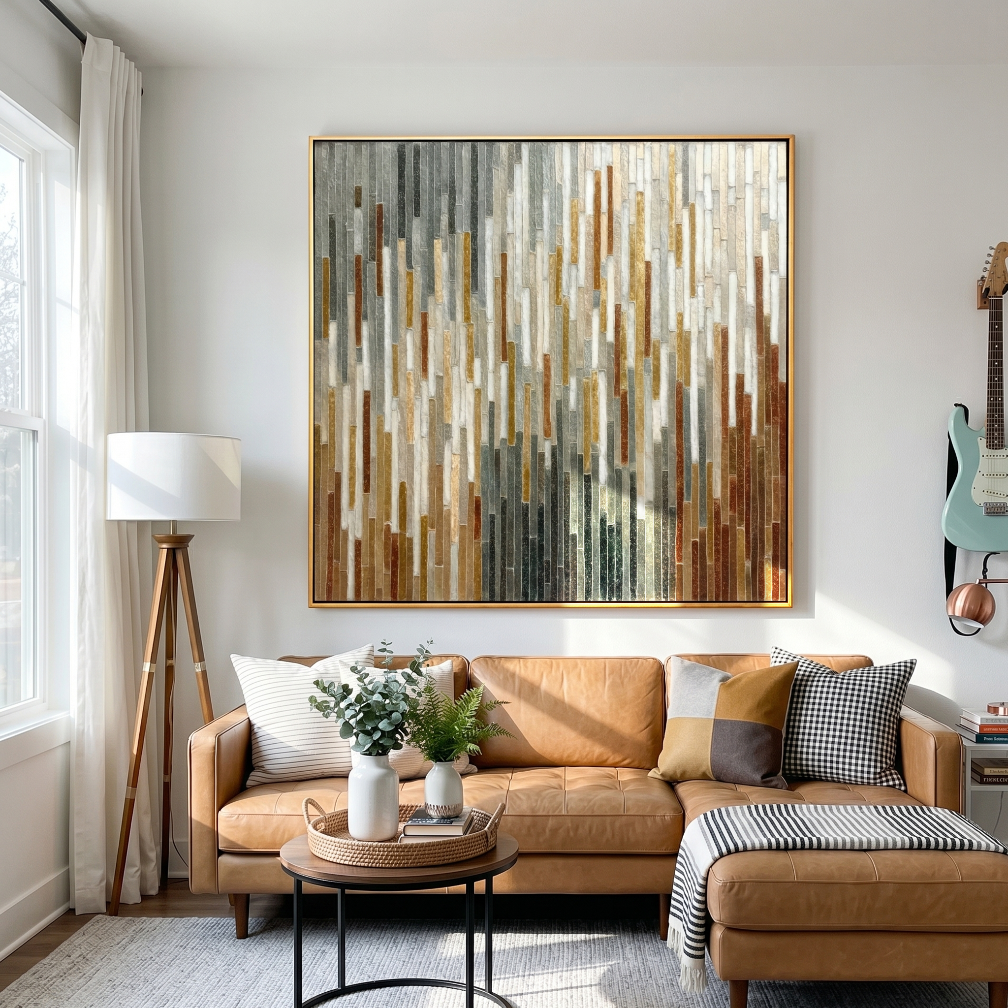 "Vertical Earthfall" – Modern Mosaic Abstract | 3D Warm Neutral & Bronze Tiled Wall Art | Luxury Square Wall Decor#PT 014