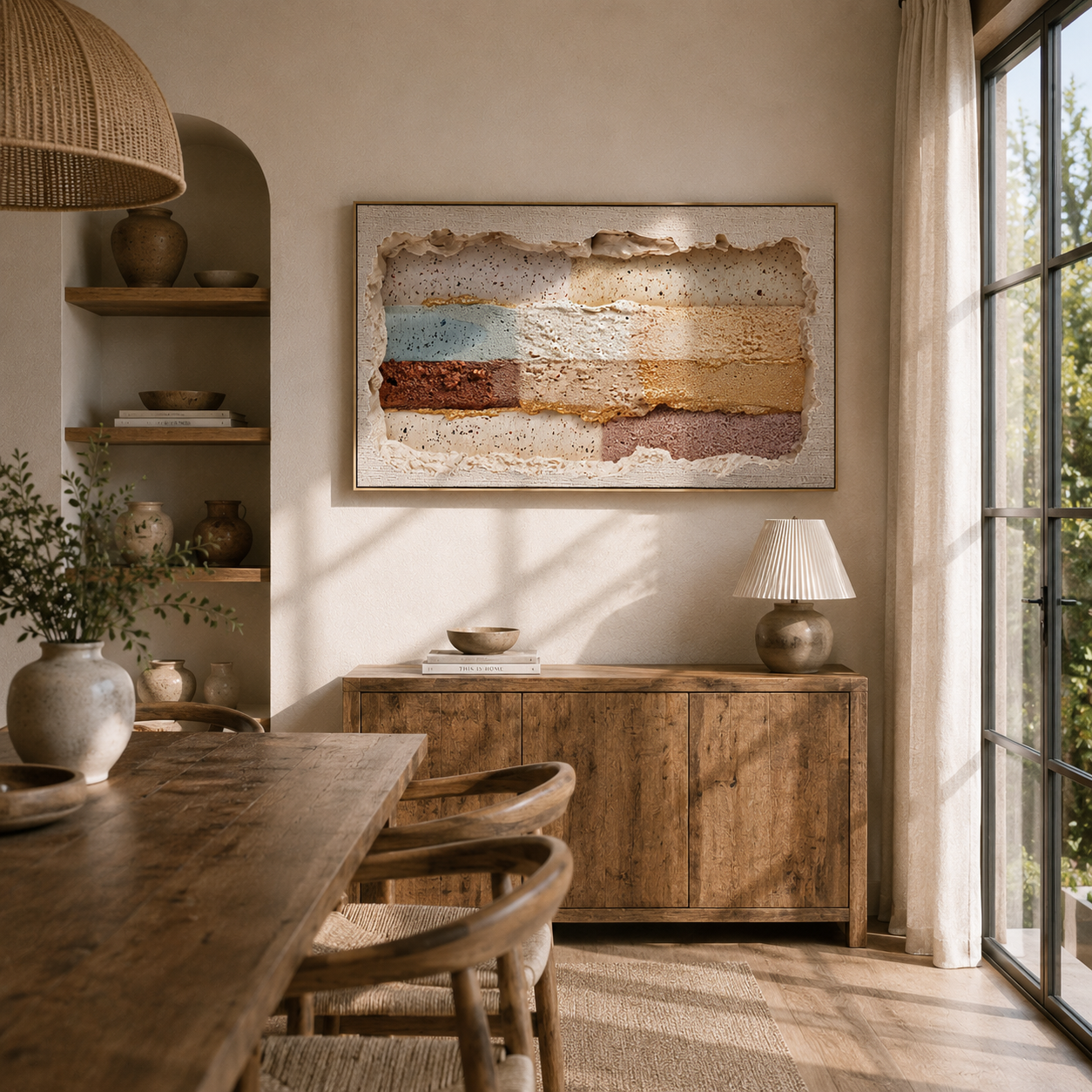 "Torn Paper Textures" – Tactile Mixed-Media Abstract Art | Earthy Brown, Blue & Gold Impasto Wall Decor | Contemporary Horizontal Art# PT 012