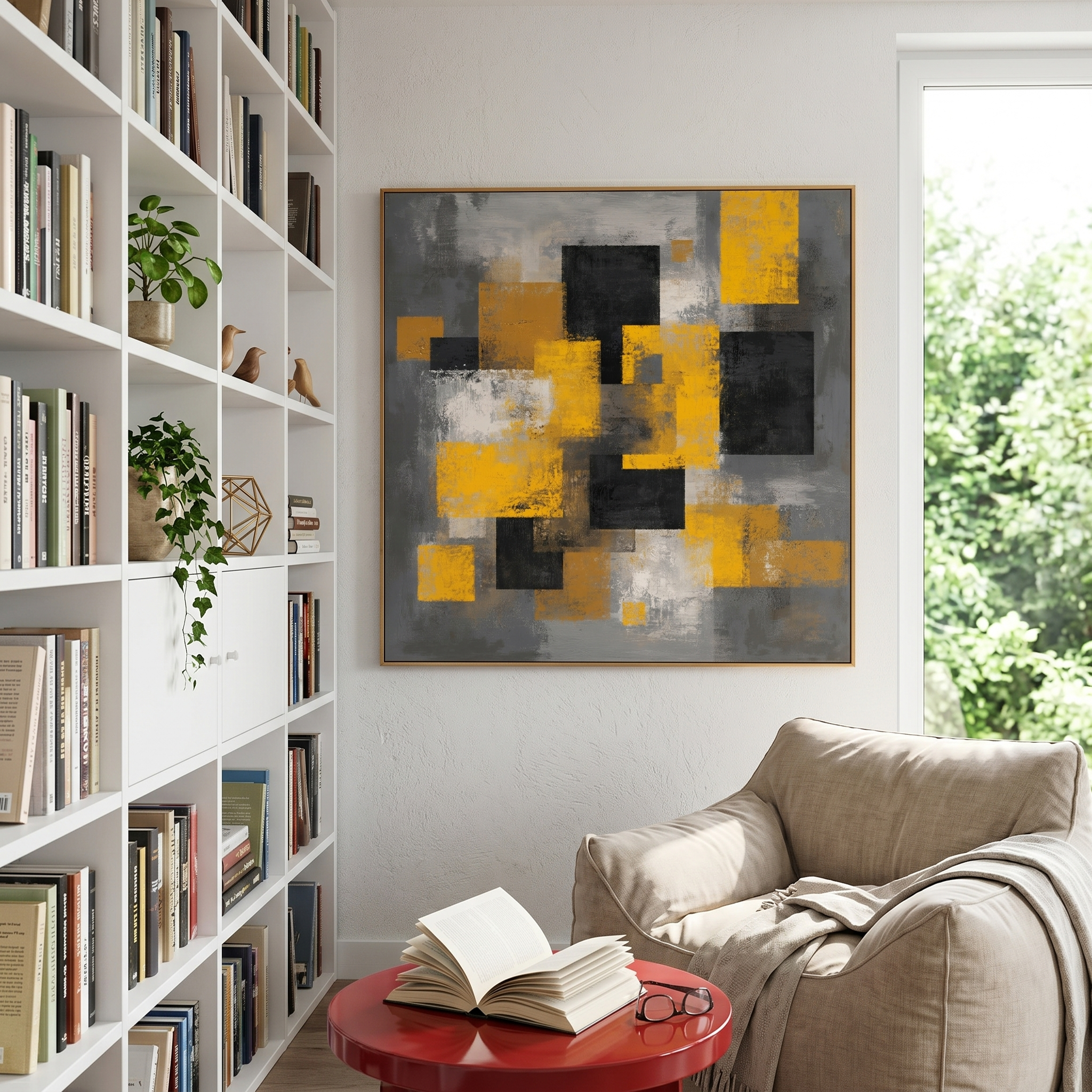 "Urban Kinetic" – Modern Mustard Yellow & Charcoal Grey Abstract Painting | Structured Industrial Wall Art