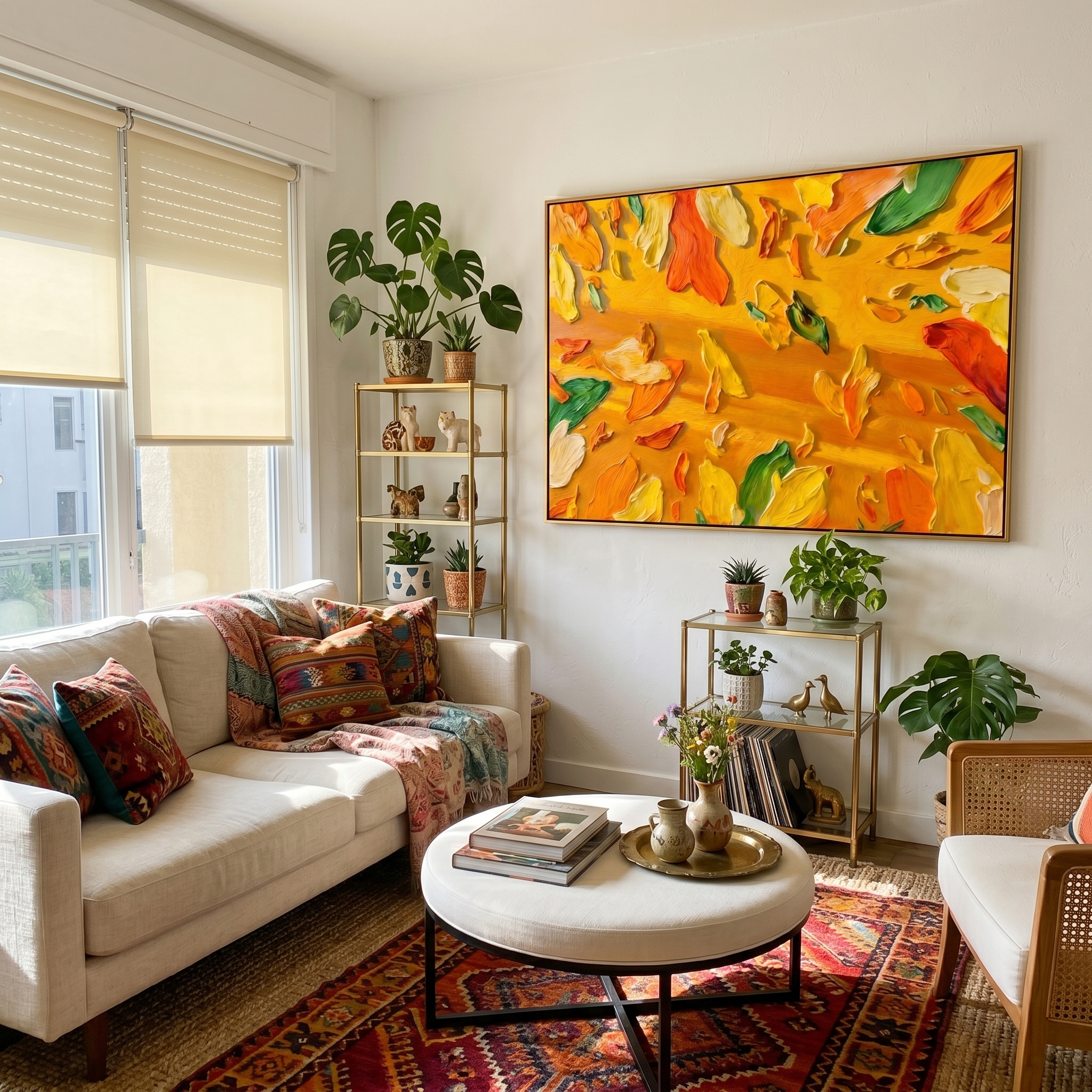 "Golden Radiance" – Sun-Drenched Impasto Abstract Floral | Vibrant Dining Area Statement Art