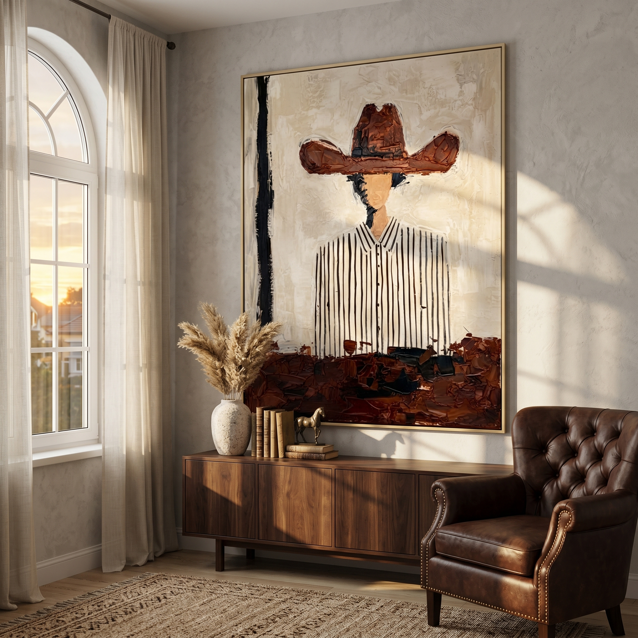 "Modern Cowboy in Stripes" – Contemporary Heavy Impasto Portrait | 3D Cinnamon & Cream Palette Knife Painting | Luxury Vertical Wall Art #PE 011