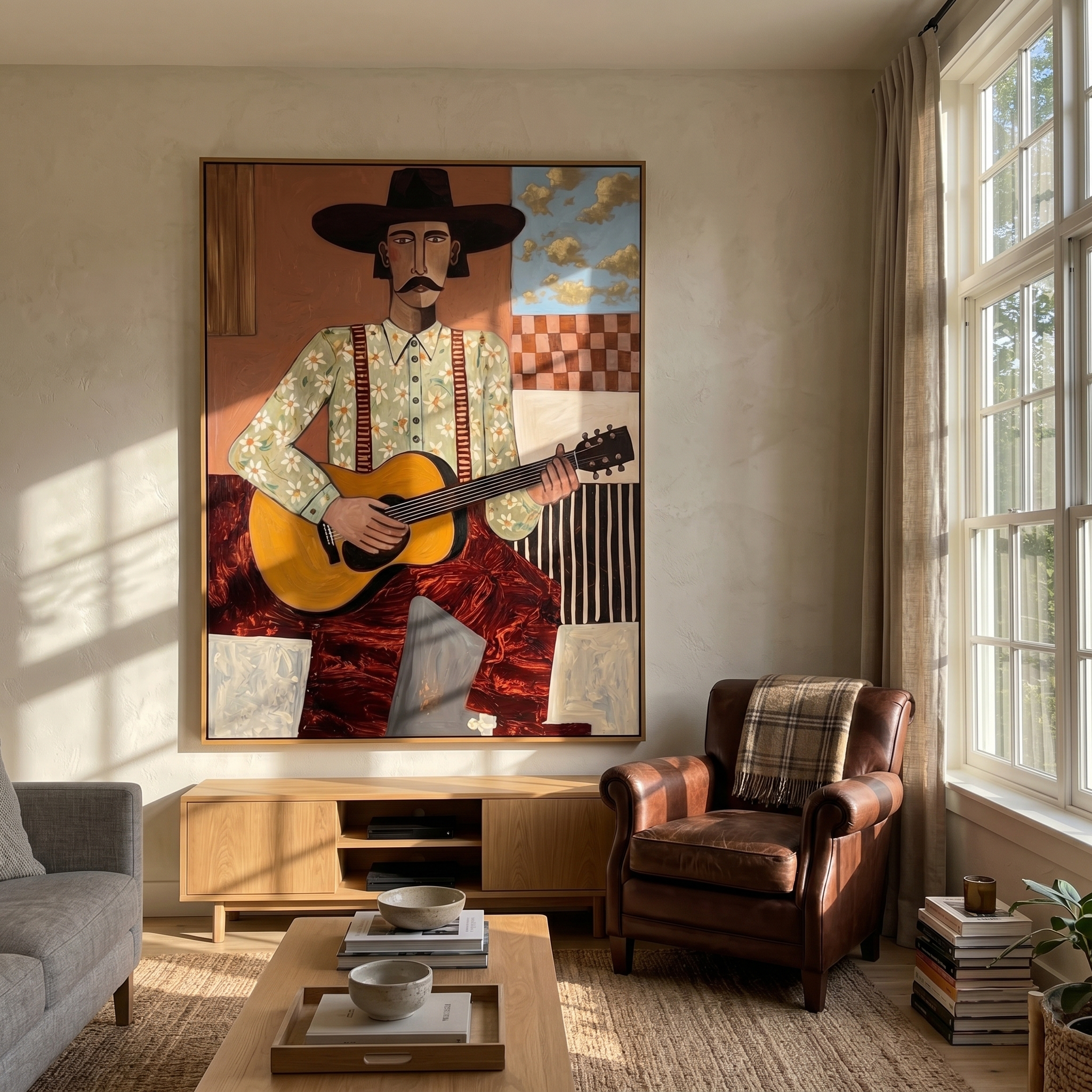 "The Western Balladeer" – Folk Impasto Portrait Art | 3D Terracotta & Sage Palette Knife Painting | Luxury Vertical Wall Art #PE 012